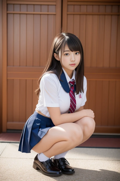 (Best Quality,8K,Raw photo,Realistic,High resolution:1.2),(cute Japanese girls),(Huge breasts:1.20),(Slim body、Naughty body),(Japan High School School Uniform、You can see the chest、The lines of the body are visible、Ultra mini skirt、I can see my panties)Low-rise panties,(school classrooms),(18year old、Idol)Squatting、M-shaped legs