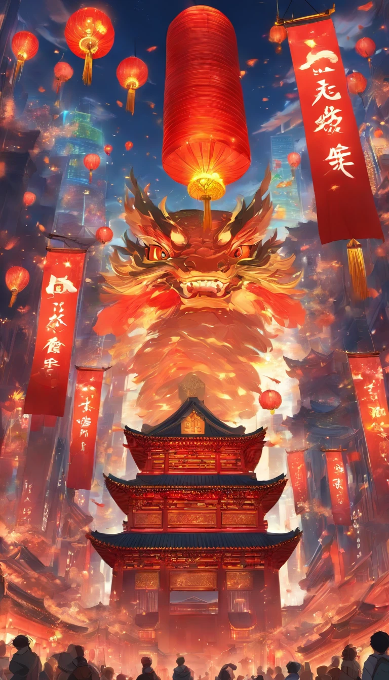 A huge Chinese flag is hoisted in the center..，Lively Beijing is crowded with people。traditional chinese lanterns。skyscrapers in the distance。