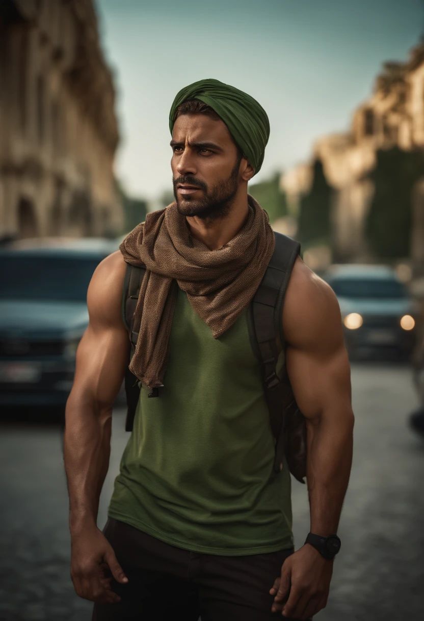 Strong muscular man, street rage, backpack, epic realism, photo, faded, complex stuff around, complex background, wet, neutral colors, ((((hdr)))), (((( muted colors)))), complex scene, artstation, intricate details, vignette, Palestine headscarf on his neck, green t-shirt, looking at camera