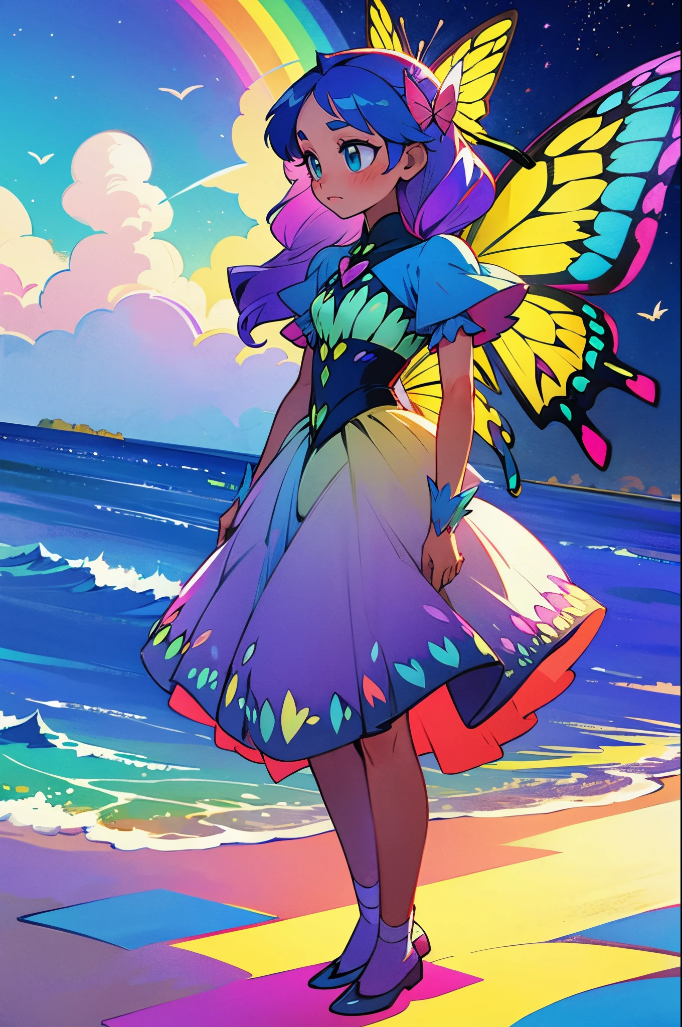 rainbow butterfly princess standing on a beach