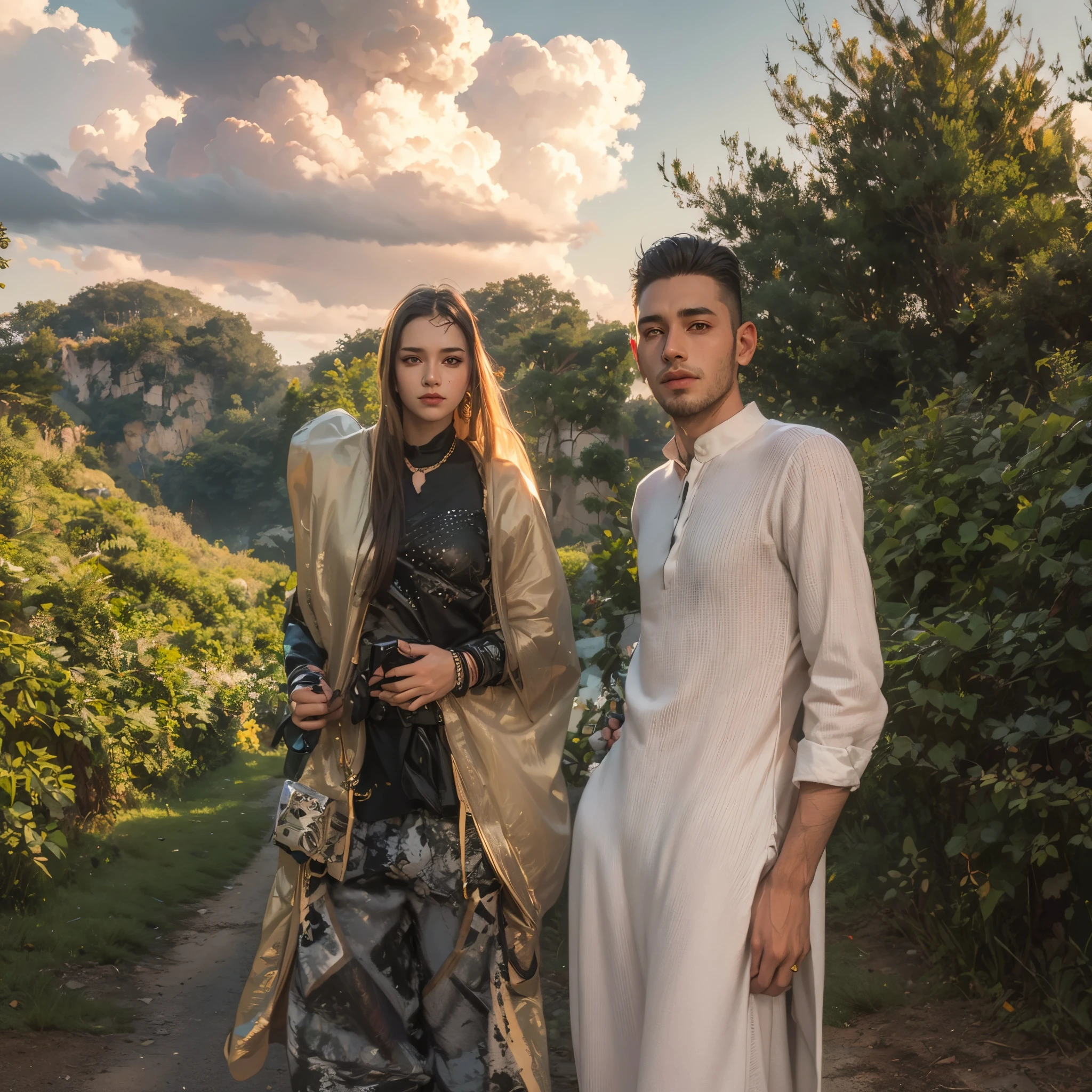 Change background soft lite cyberpunk handsome boy and men couple, ultra HD realistic ,best pose couple, realistic face, best outfit, girl in realistic dress, ((boy in pant shirt))
