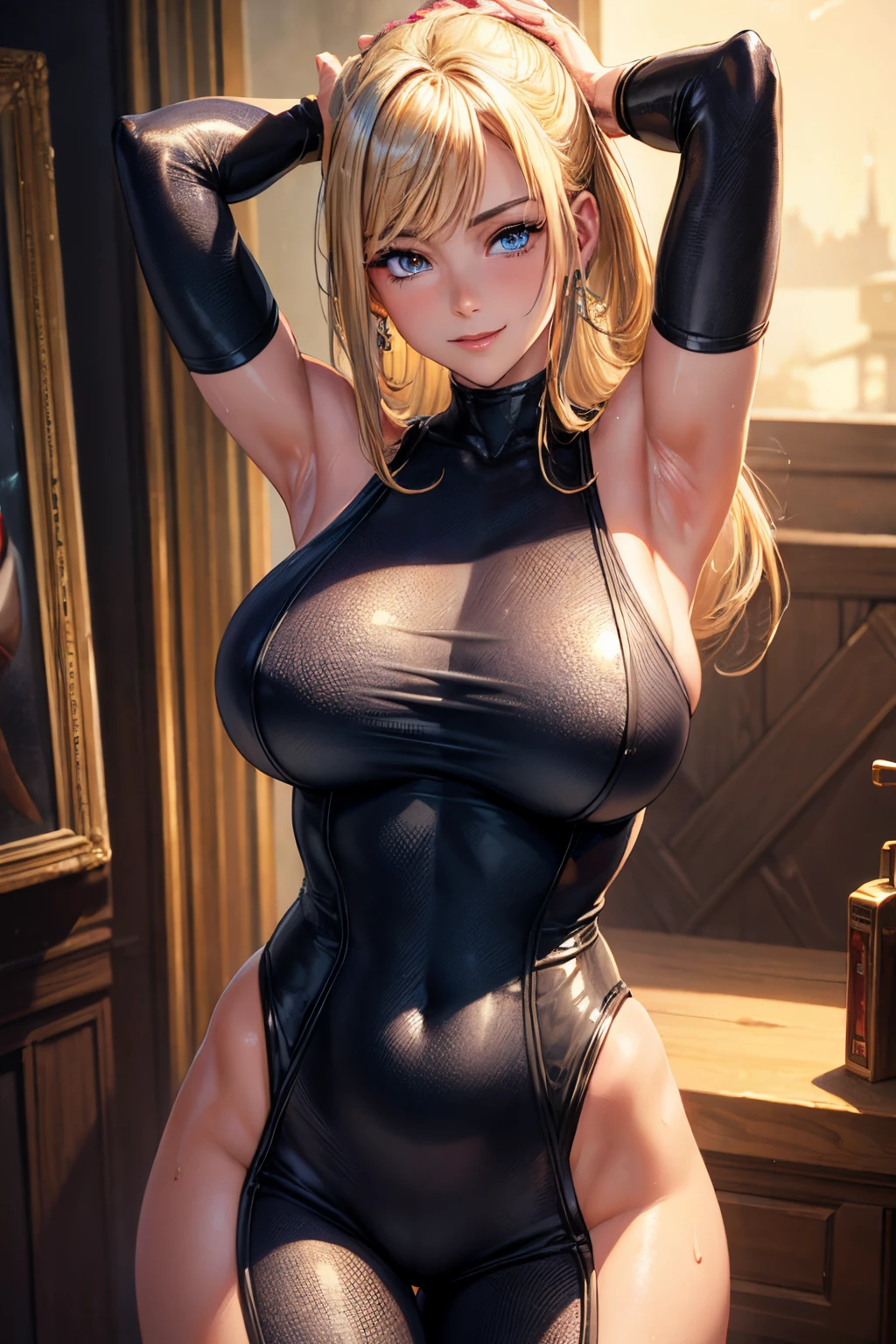 Perfect, masterpiece, (best quality, highres:1.2), 1girl, beautiful detailed eyes, beautiful detailed lips, extremely detailed eyes and face, long eyelashes, medium:oil painting, vivid colors, HDR, studio lighting, ultra-fine painting, sharp focus, physically-based rendering, extreme detail description, portraits, ((organized fingers)), curvy body, big breasts, perfect shape, facing viewer, sweaty, gorgeous, ((arms up)), sleeveless bodysuit, smiling,