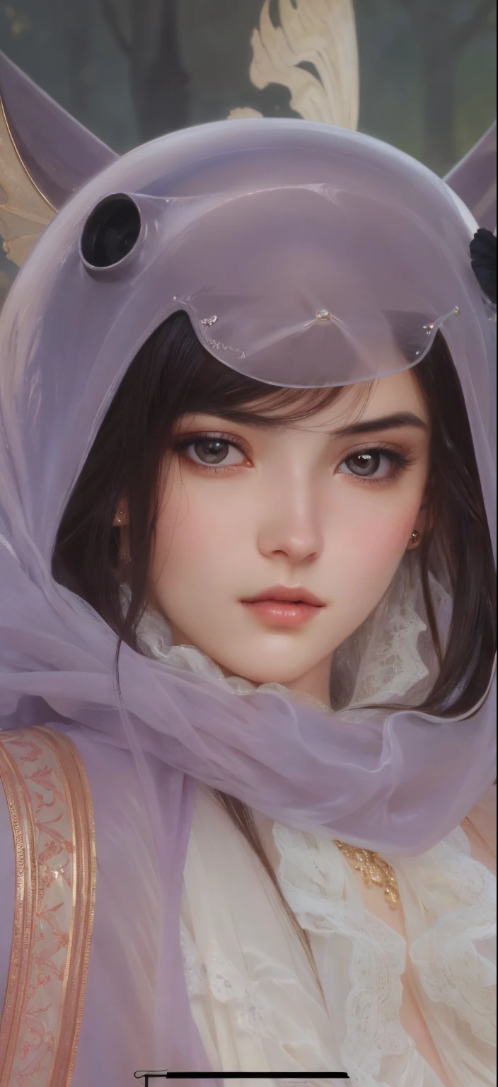 dusk, moody, gloomy, intimate close up portrait of a beautiful vampire princess, perfect shiny ivory skin, flushed, smoldering eyes, (perfect face), cleavage, shiny long black hair, frills, (Albert Lynch), J. C. Leyendecker, Ruan Jia, Gaston Bussiere, Alexandre Cabanel, WLOP, best quality