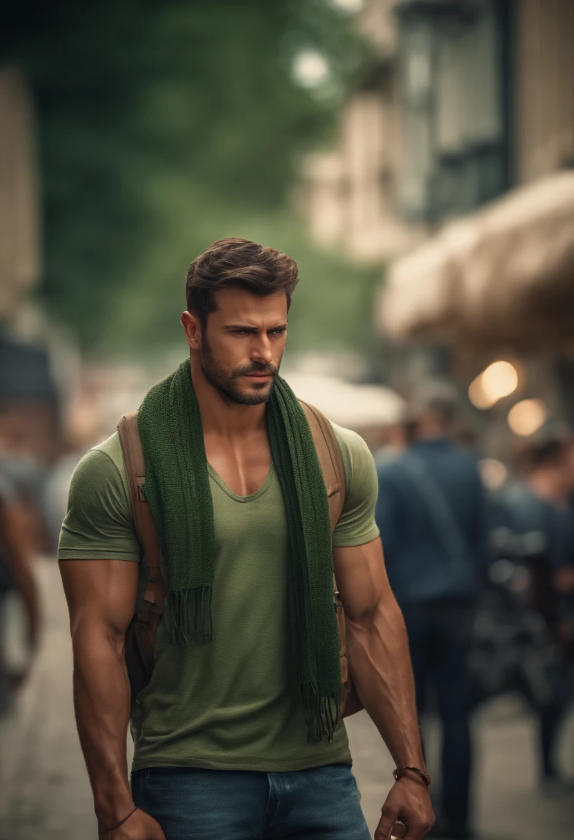 Strong muscular man, street rage, backpack, epic realism, photo, faded, complex stuff around, complex background, wet, neutral colors, ((((hdr)))), (((( muted colors)))), complex scene, artstation, intricate details, vignette, Palestine scarf on his neck, green t-shirt, looking at camera