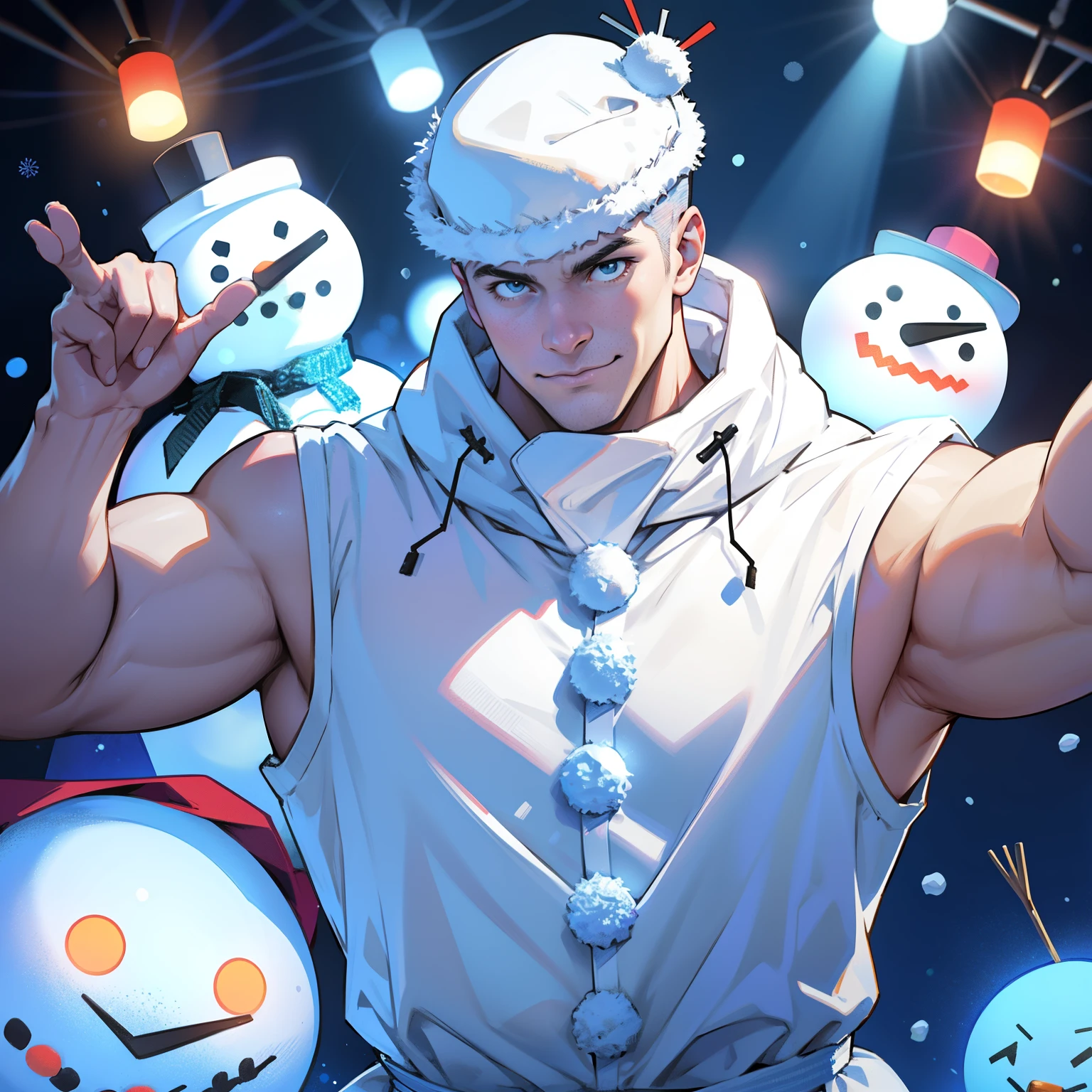 Ice, snowman, snowman dJ, snowman dance party, snowman disco, snowman polka, ice sword,snowman war muscular snowman muscular snowman