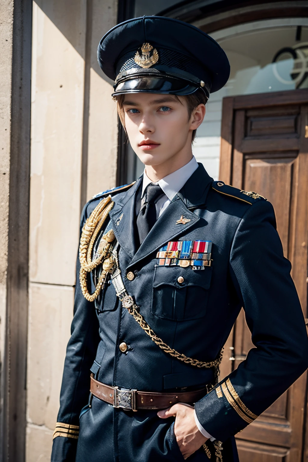 masterpiece, (best quality:1.2) A young man with a handsome European Dutch face, blue eyes and wearing a Dutch army suit and hat dutch army