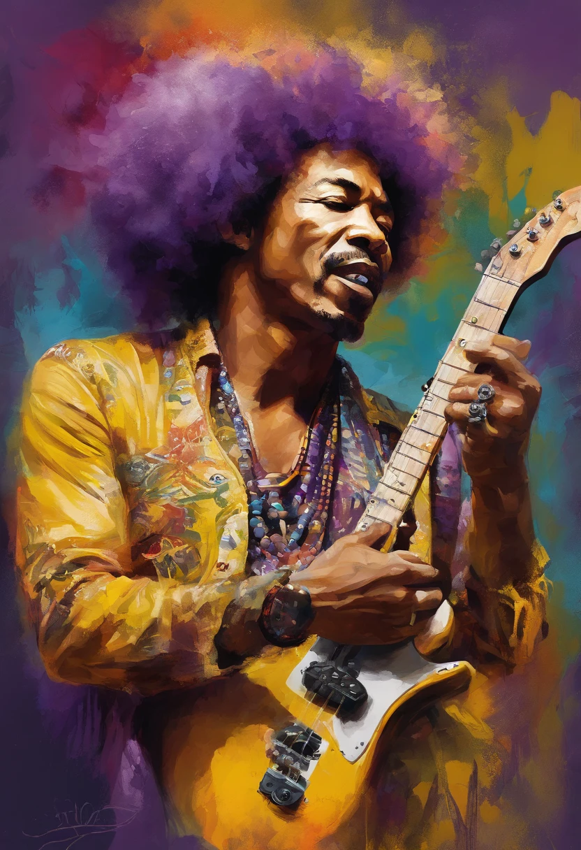 painting of a man with a purple hair and a yellow jacket, jimi hendrix, jimi hendrix style poster, jimi hendrix full body, art of alessandro pautasso, jimi hendrix full body shot, by Dave Arredondo, epic portrait illustration, masterpiece work of art, style digital painting, fan art, inside jimmy hendrix, stunning digital illustration, purple haze