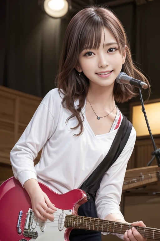 (masutepiece:1.3, Best Quality, Photorealistic, Ultra-detailed, Finely detailed, High resolution, 8K Wallpaper), 女の子1人, A detailed eye、hi-school girl、１８age、small tits、cute little、japanes、A smile、Healthy face、Band Group Vocals, In a white hoodie, Singing a song on an electric guitar, Stand Microphone, Mouth open, Beautiful face, Detailed face, Beautiful eyes, Detailed eyes, Looks fun、Smiling, earrings, Necklace, Detailed guitar, (Straight guitar neck and strings), Medium length pink hair, on a stage, Spotlight, Look at the viewer、small tits