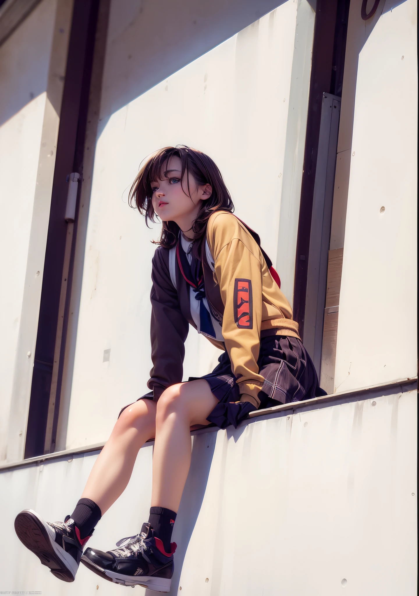 Masterpiece, bokeh, Beautiful (Japanese idle:1.6), (summer school uniform:1.3), (squatting in  RC Building construction site:1.3), (yellow helmet:1.3), (From below:1.3), 
