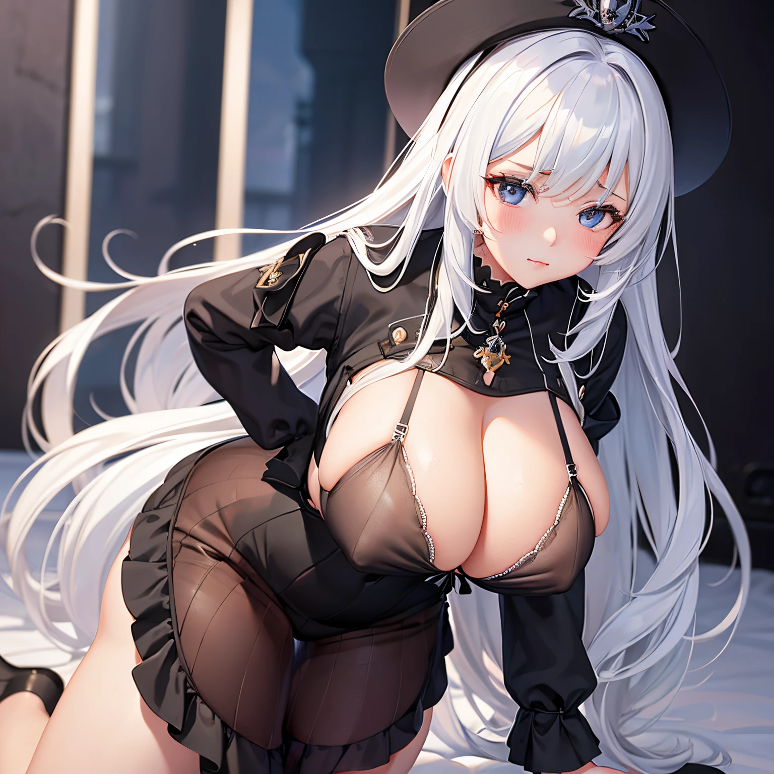 girl, bbw | fully mature woman, friedrich der grosse \(azur lane\) : 0.5, oversized gigantic breast,skindentation,(see-through | zentai | fishnet string bra on top | schoolgirl uniform | dress),