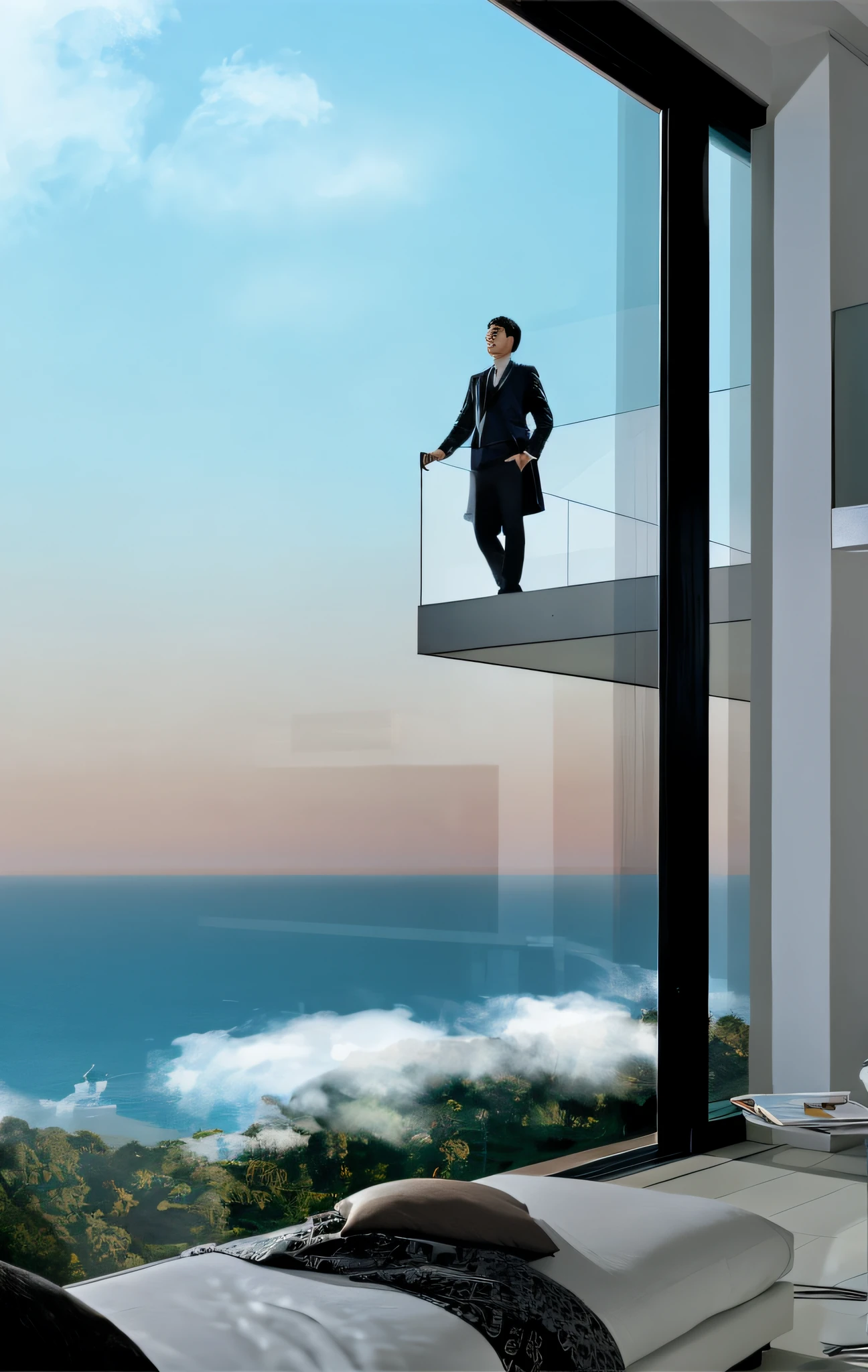 There was an Asian man standing on the balcony overlooking the sea,( Delicate facial features1:1.2),Overlooking the sea, seaview, Penthouse, stunning render, unparalleled view, Epic views, amazing views, expansive cinematic view, scenic landscape, glass wall, epic vision, floor to ceiling window, real reality images, seaview, beautful view, ceiling to floor windows, Looking at the sea,8K,Lots of detail,超高分辨率