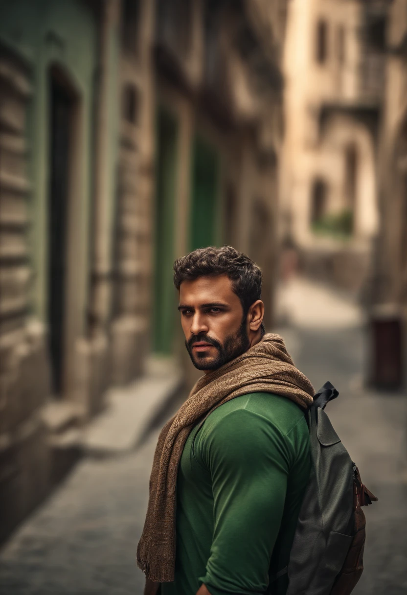 Strong muscular man, street rage, backpack, epic realism, photo, faded, complex stuff around, complex background, wet, neutral colors, ((((hdr)))), (((( muted colors)))), complex scene, artstation, intricate details, vignette, Palestine scarf on his neck, green t-shirt, looking at camera