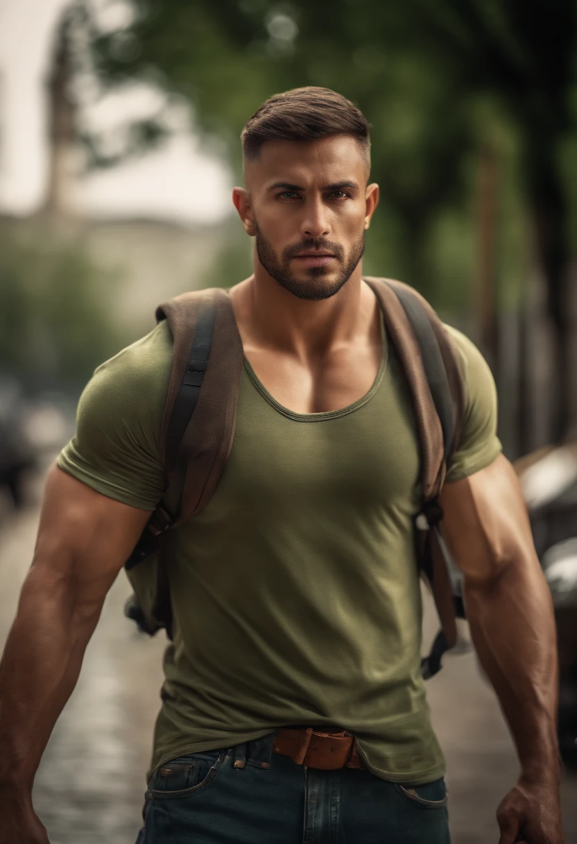 Strong muscular man, street rage, backpack, epic realism, photo, faded, complex stuff around, complex background, wet, neutral colors, ((((hdr)))), (((( muted colors)))), complex scene, artstation, intricate details, vignette, Palestine scarf on his neck, green t-shirt, looking at camera