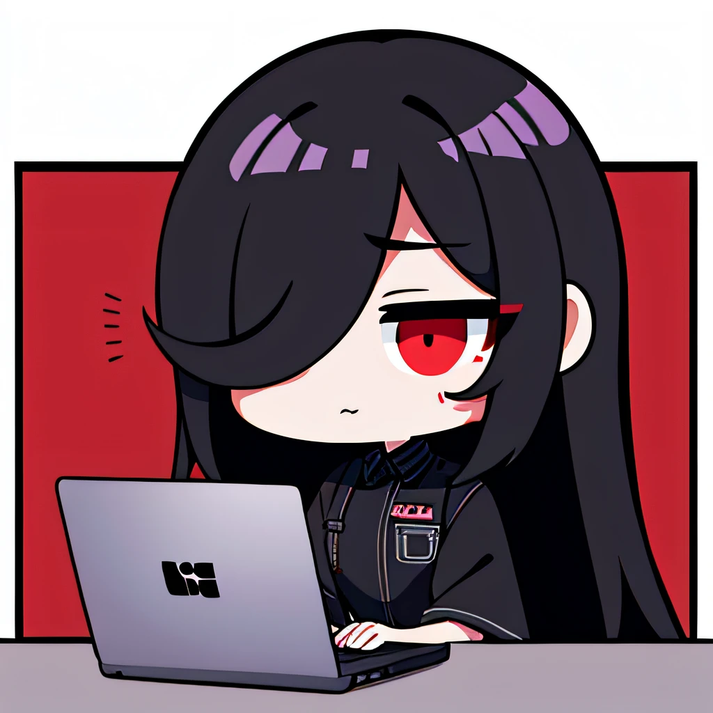 Hair over one eye、One Woman, 独奏, (twitch emote:1), Chibi, no hair, red eyes,, a sticker, Thick black outline,Denim dresses、Black blouse、Denim Long Skirt hutao, laptop, I am using a computer, In front of a computer, Plain white background ,Sitting in front of a computer,simple background