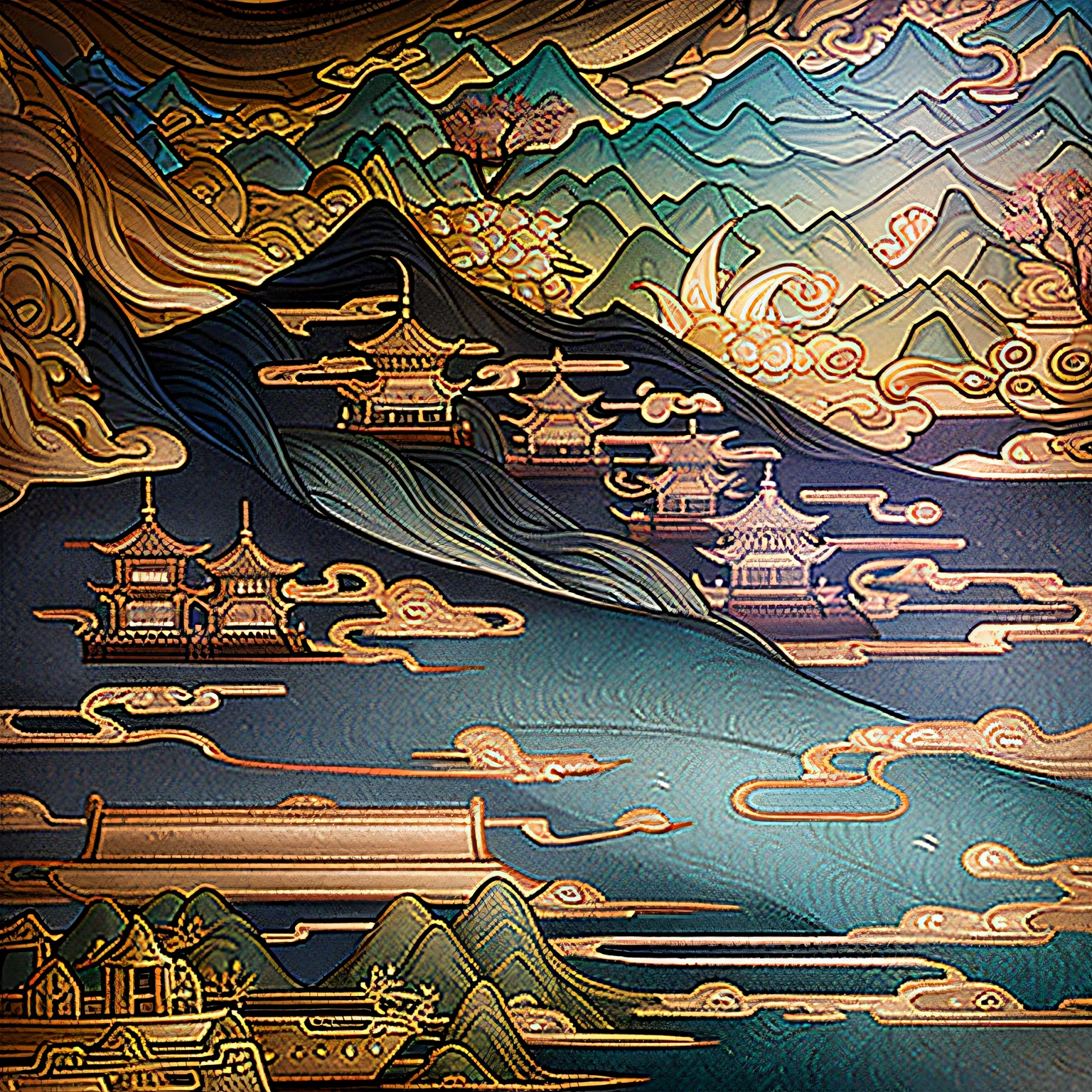 An ancient Chinese painting, ancient Chinese background, mountains, rivers, auspicious clouds, pavilions, sunshine, masterpieces, super detail, epic composition, ultra HD, high quality, extremely detailed, official art, unified 8k wallpaper, Super detail, 32k -- v 6