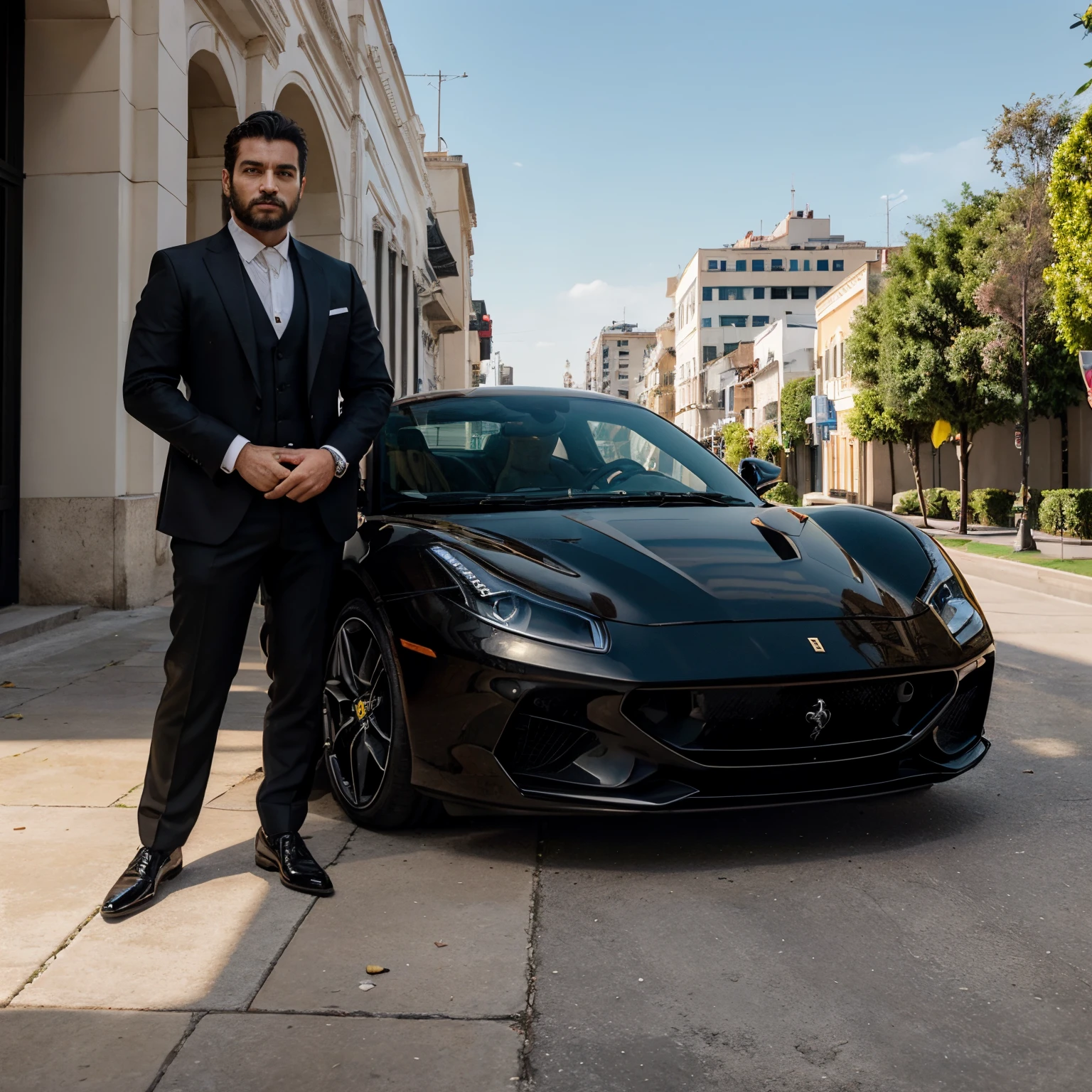 Na imagem, a man with an imposing lion's face wears an elegantly tailored black suit, conveying a sense of power and sophistication. His eyes are intense and bright, like a lion, adding a touch of sass to your confident facial expression.
He's leaning against the front of a stunning black Ferrari, cuja pintura brilha sob a luz do sol. The elegance of the vehicle perfectly matches the magnetic presence of the lion-faced man in a black suit.. Ferrari is parked on a luxurious street, with tall, modern buildings in the background, adding an air of opulence to the setting.
Next to the lion man, uma sacola de dinheiro transborda com notas que voam ao redor. Money is scattered on the floor, criando uma imagem de riqueza e prosperidade. Essa cena representa sucesso, financial power and an aura of absolute dominance