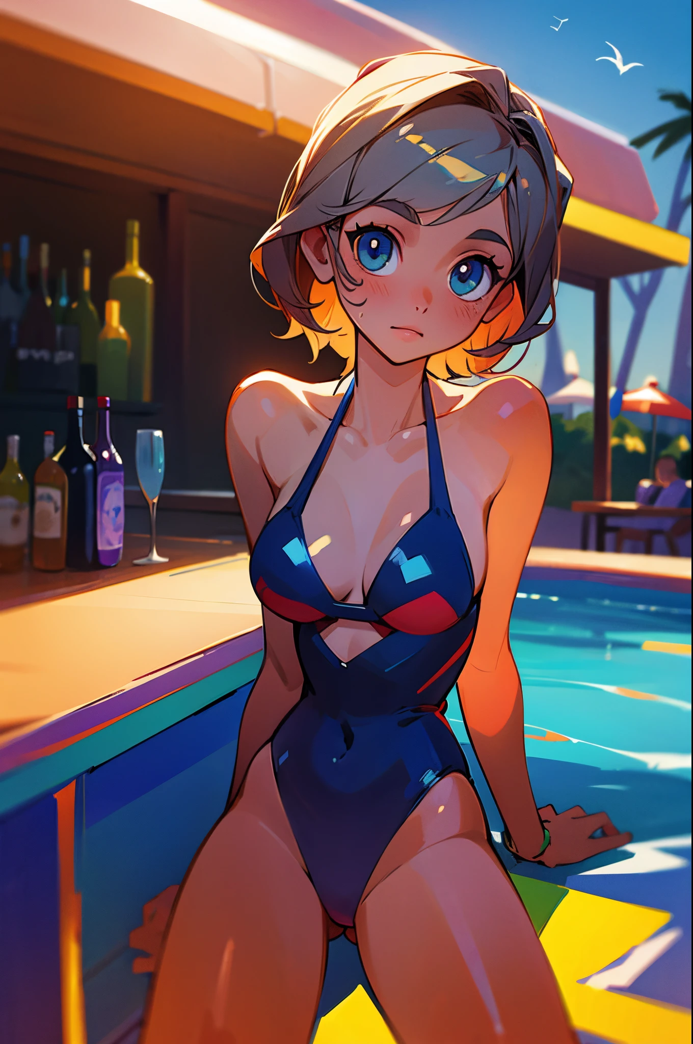 swimsuit girl sitting at a bar