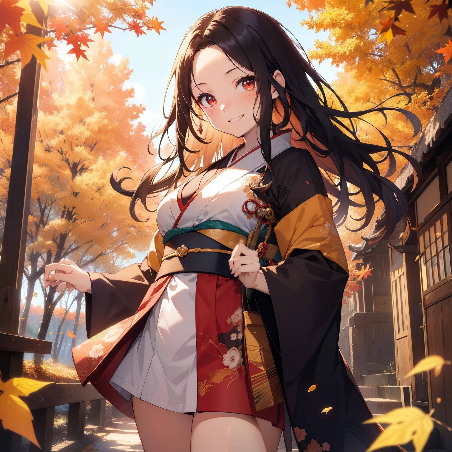 (masutepiece,Best Quality,8K),(extremely detailed CG1.1),teens girl,Smile,large boob,(From below:1.2),Intricate details , Hyper realistic, Perfect ???????,A dark-haired,Red Eyes,(((Forehead))),Permed hair with wavy hair,(((length hair))),Hair over one eye,hair slicked back,Full body,(((kimono))),blush,Happy smile,Forest with deepening autumn leaves,Colored leaves,Lens Flare,Wind,Magnificent view,(chromatic abberation:1.3),Dynamic Angle,Cowboy Shot,Looking at Viewer,cafes