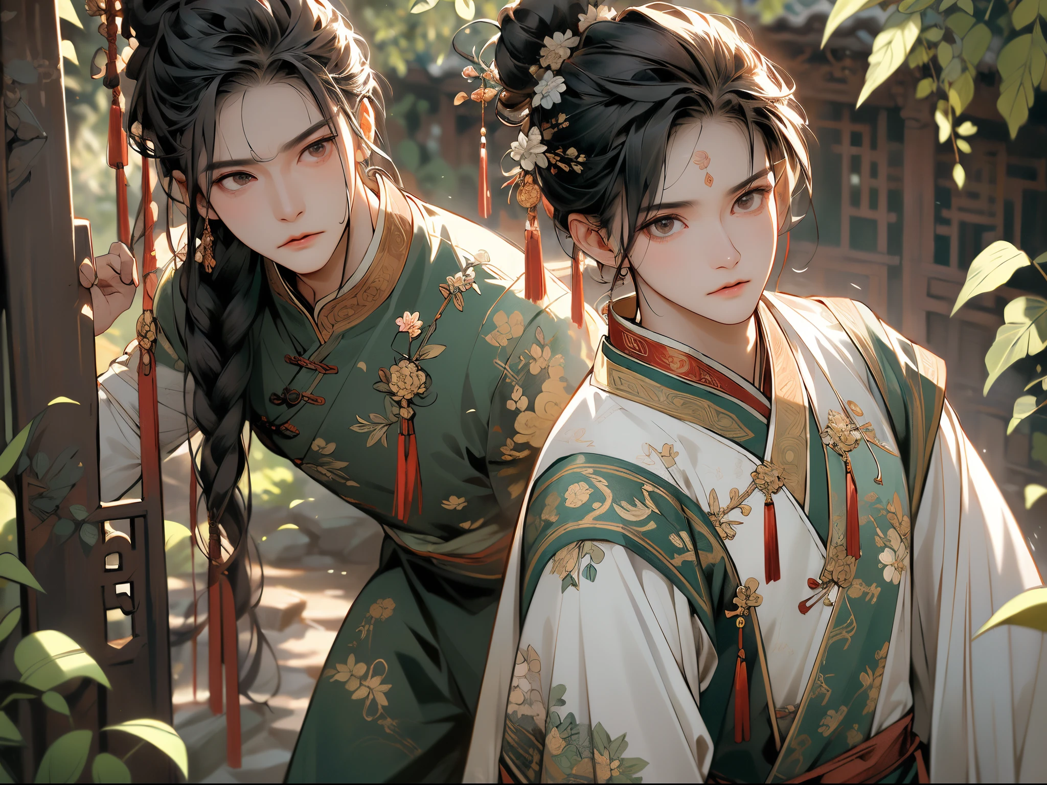 absurderes,((best quality)), ((masterpiece)), (intricate detailes), (ultra-detailliert), (realistic), handsome Chinese empere, muscular physique, tribal attire, dense foliage, exotic plants, dappled sunlight, dynamic action pose, (intense expression:1.2), 8k resolution,Simple Costume,Servant Follows