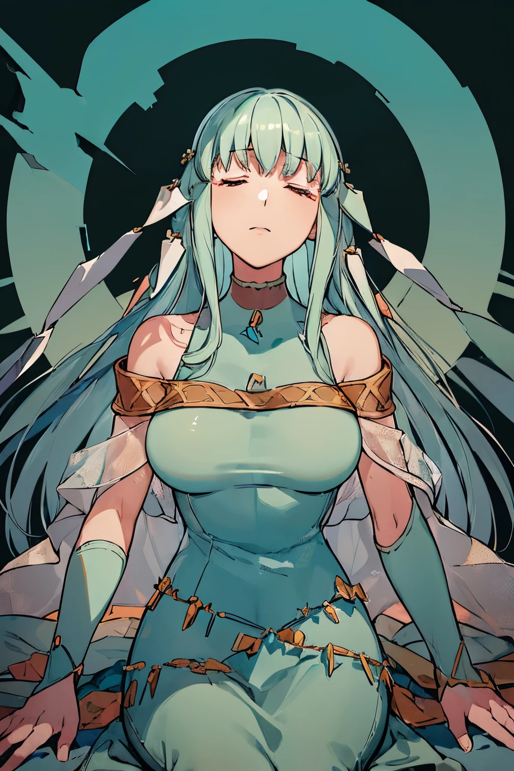 Ninian is lovingly languid in a crater after losing a tough battle, lieing lifeless and inert on debris, rubble, and weapons with torn pieces of fabric out of her dress. Her blue dress, despite being whole, has many rips and tears. She cannot move from her prone position lieing on her back, unable to open her eyes or breath. (Ninian), (blue hair, blue eyes, large shapely breast, long hair, clammy and damp face), (Dress), (long blue drenched dress, bare shoulders, more small jewlery, ripped and torn dress, languid in a dark grey murky field, anguished facial expression, closed eyes) (anguished closed eyes:1), (Ninian languid, prone on her back, defeated in rubble and weapons:1.5), Ninian is listless and motionless in a dark grey foggy field:1.0, Ninian is sullied and dirty:1.2, ( Ninian lieing in debris and broken metal pieces:1.0), inside has rubble and many pieces of broken spears, blades, and shields covering Ninian, (4K quality, high quality, 4k quality Ninian and dress:1.0), (solo, one person, 1girl:1.5), ninian fe, red eyes, long dress, jewelry, dancer