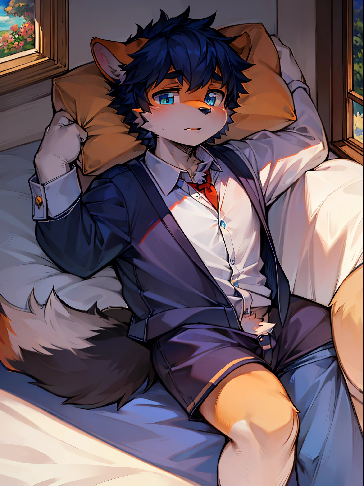 ((Alone)), charming scene of a (hairy pubic) (o cachorrinho_schoolboy:1.5),，Just woke up in bed！！Just woke up in bed！！Just woke up in bed！！Q version！！Q version characters！！Eyes are bright，whaite hair，blue color eyes，Cute painting style，high saturated！！Furry male wolf, Men&#39;s orange peel, blue color eyes, whaite hair(long）