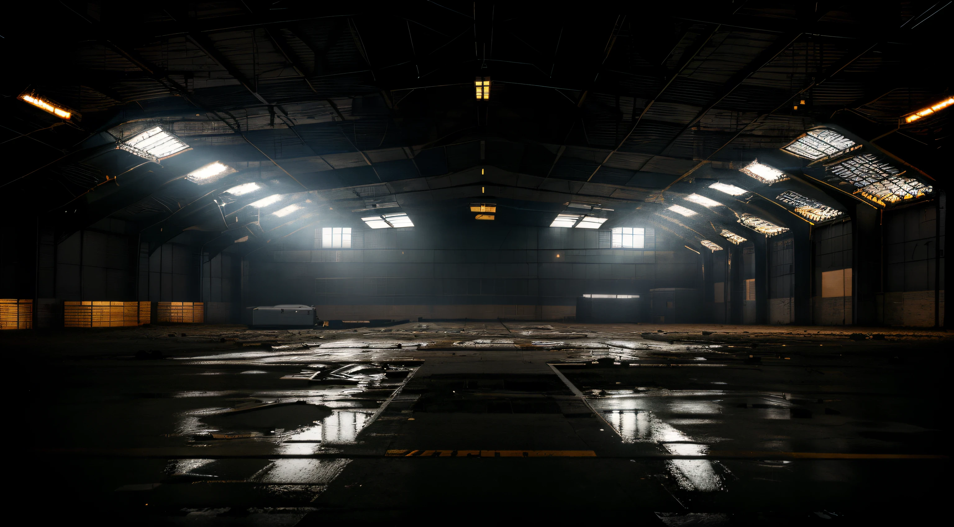 There is light coming from the ceiling, factory background, abandoned night factory, empty warehouse background,dark industrial background, dark industrial atmosphere, dramatic lights. concept-art, Dramatic lighting rendering, Auto show,symetrical composition,对称