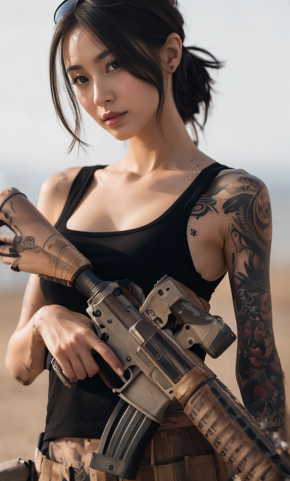 high quality,4K,8K,High resolution,masterpiece:1.2,super detailed,(real,like the photo):1.37,tattoo,delicate paints,
realistic nice details,eyes closed、緻密なtattoo,Detailed depiction of firearms,professional,Vibrant colors,realな肉のテクスチャ,
tattooによる肌のデザイン,tattooとrealな色彩,Unique light and shadow effects,bird feather details,automatic rifle crafting,質感のrealな肌風味,
realなtattooと細部の目,風景とtattoo,Dramatic background,dark tone light,tattooの仕上げ,tattooのアートスタイル、cigarette、toned muscles