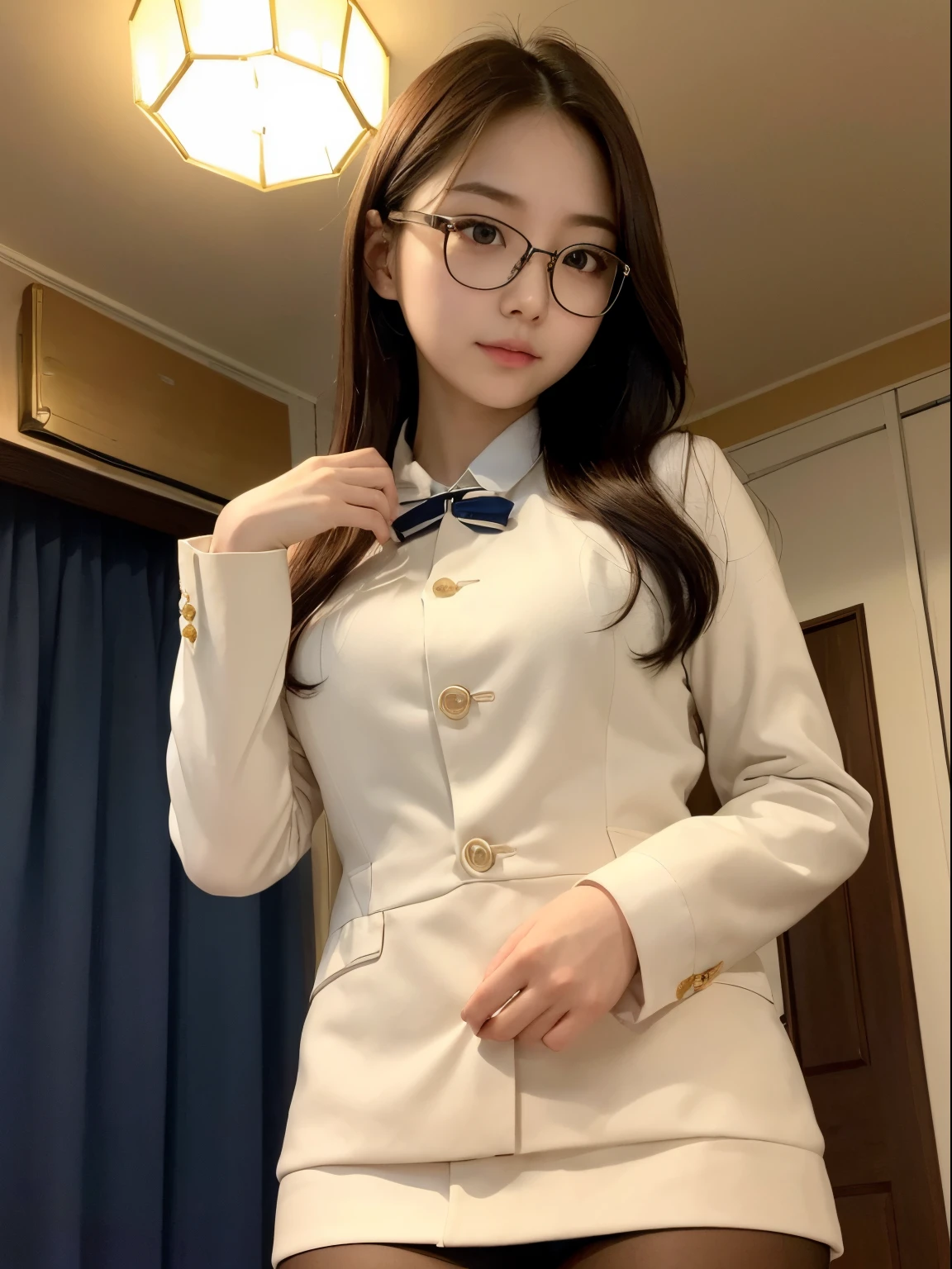 (Best Quality, Ultra-detailed, Golden ratio, masutepiece:1.2), theatrical lighting:0.7, Photo of 18-year-old Riga Hyun Korean woman in uniform,Female Lesbian, face perfect, (highlydetailed skin), Randomly colored hair, Hide your mouth with your hands、Ridicule, Skin Texture, pale skin, Shiny skin, (slim, Large:1.2), [:(sharp focus on face, Perfect eyes:1.2):0.2], Photorealistic, Film grain, Put one foot forward、from below looking up、Looking at the camera、Focus on the face、eye glasses、Raise the corners of your mouth and smile、disdainful expression、Miniskirt Police、examine