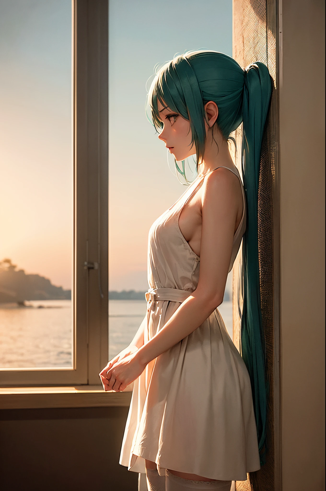 hatsune miku, white dress, aquamarine hair, aquamarine eyes, sunset background, (hi-top fade:1.3), long hair, solo, soothing tones, muted colors, high contrast, (natural skin texture, hyperrealism, soft light, sharp), 1 girl, thighhighs, masterpiece, high quality, cinematic shot, perfect lighting,(bright)