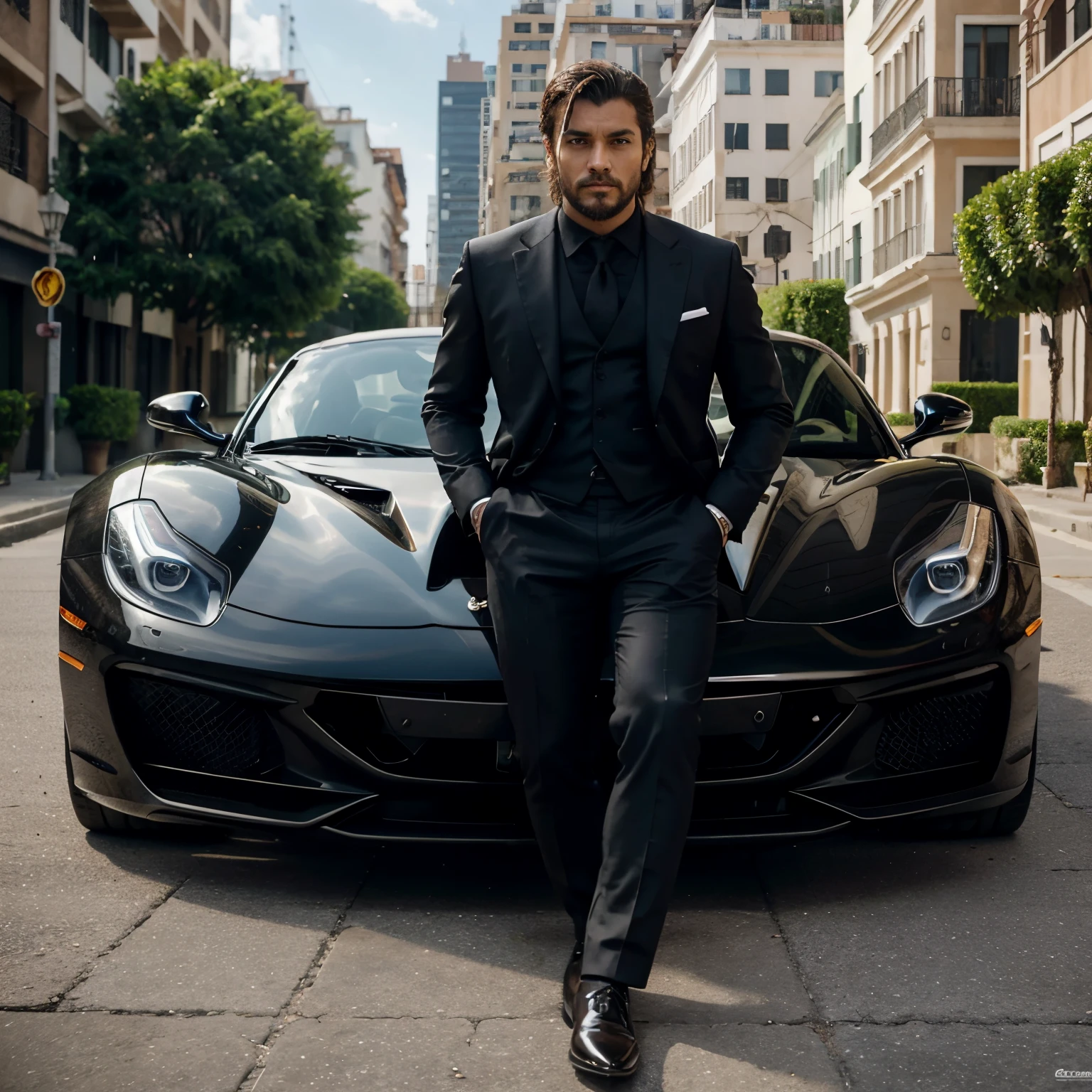 Na imagem, a man with an imposing lion's face wears an elegantly tailored black suit, conveying a sense of power and sophistication. His eyes are intense and bright, like a lion, adding a touch of sass to your confident facial expression.
He's leaning against the front of a stunning black Ferrari, cuja pintura brilha sob a luz do sol. The elegance of the vehicle perfectly matches the magnetic presence of the lion-faced man in a black suit.. Ferrari is parked on a luxurious street, with tall, modern buildings in the background, adding an air of opulence to the setting.
Next to the lion man, uma sacola de dinheiro transborda com notas que voam ao redor. Money is scattered on the floor, criando uma imagem de riqueza e prosperidade. Essa cena representa sucesso, financial power and an aura of absolute dominance