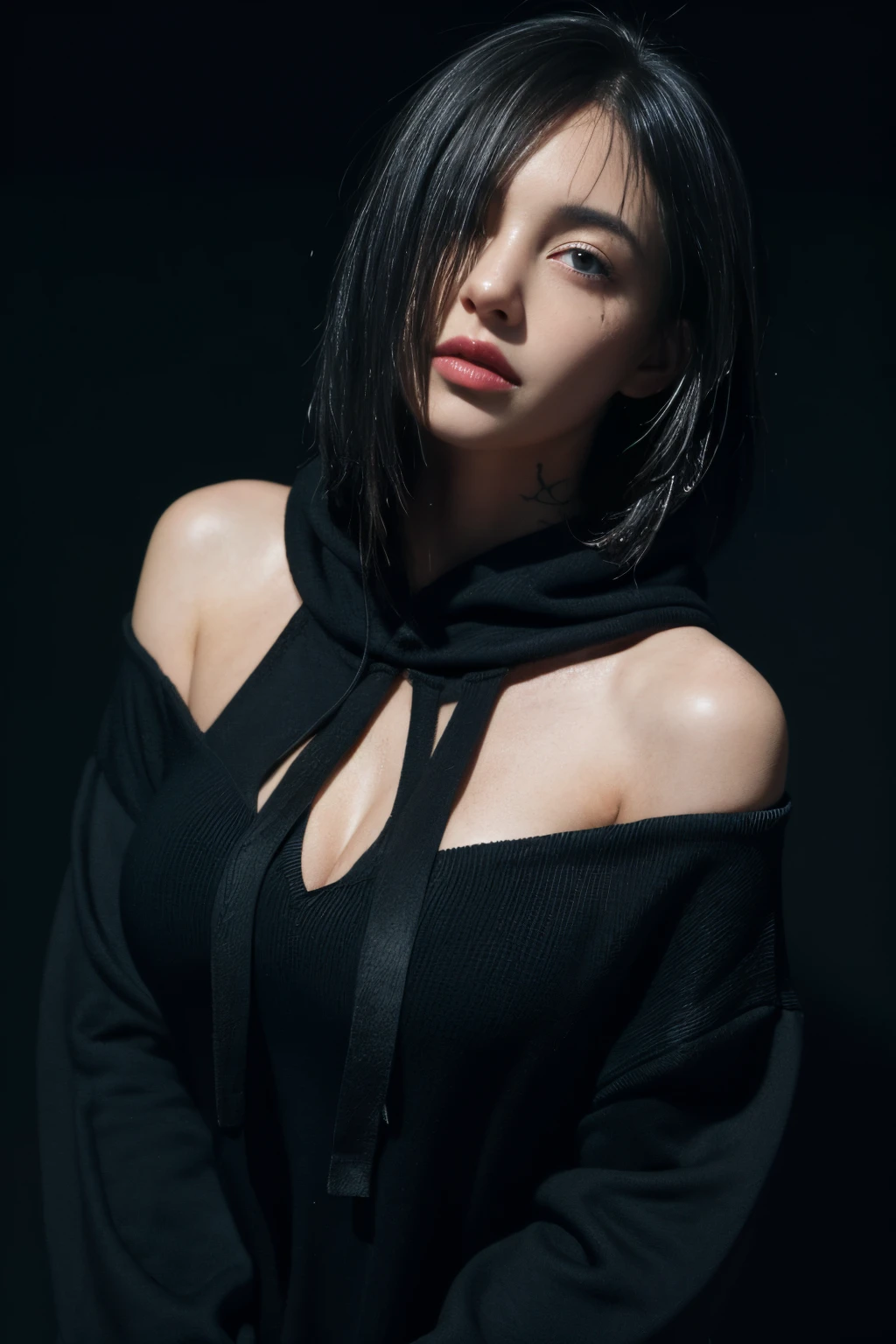 ultra high res, masterpiece, best quality, perfect glossy shiny skins, perfect lighting, detailed lighting, dramatic shadows, ray tracing, black sweater, looking at viewer, off shoulder, Big breasts, Exposed cleavage, blue Eyes, sharp face, sharp eyes, long bangs, short cut hair, nsfw, , ((Dark background)), oversized hoodie, Wearing a black hoodie, Wearing an ugly black hood, wet sweaty, soaking wet, (( tattoos on the arms)) ,