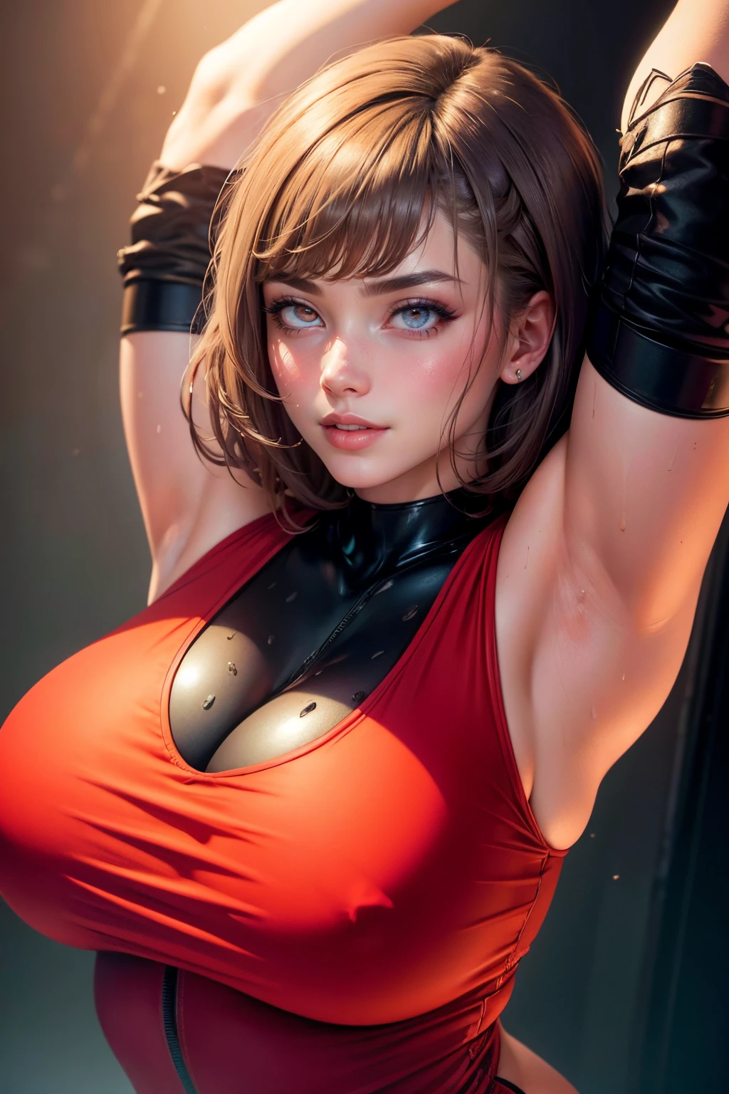 Perfect, masterpiece, (best quality, highres:1.2), 1girl, beautiful detailed eyes, beautiful detailed lips, extremely detailed eyes and face, long eyelashes, medium:oil painting, vivid colors, HDR, studio lighting, ultra-fine painting, sharp focus, physically-based rendering, extreme detail description, portraits, ((organized fingers)), curvy body, big breasts, perfect shape, facing viewer, sweaty, gorgeous, ((arms up)), sleeveless bodysuit, smiling,
