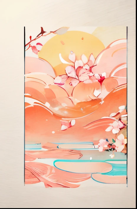 Peach Blossom Poster，Related to the twenty-four solar terms，mistic，the watercolor style，Peach Blossom Sea，carp，Color block segmentation gradient，Flattening