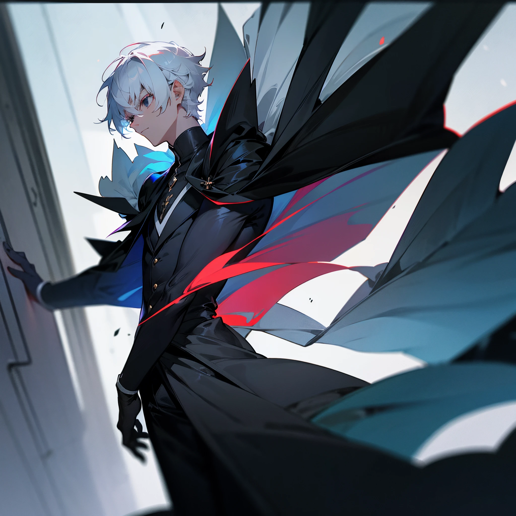 White hair, short hair, black eyes, dark eyes, teenager, glowing eyes, handsome male, male protagonist, all black suit, majestic cape, dark hallway background, white energies, 1 person