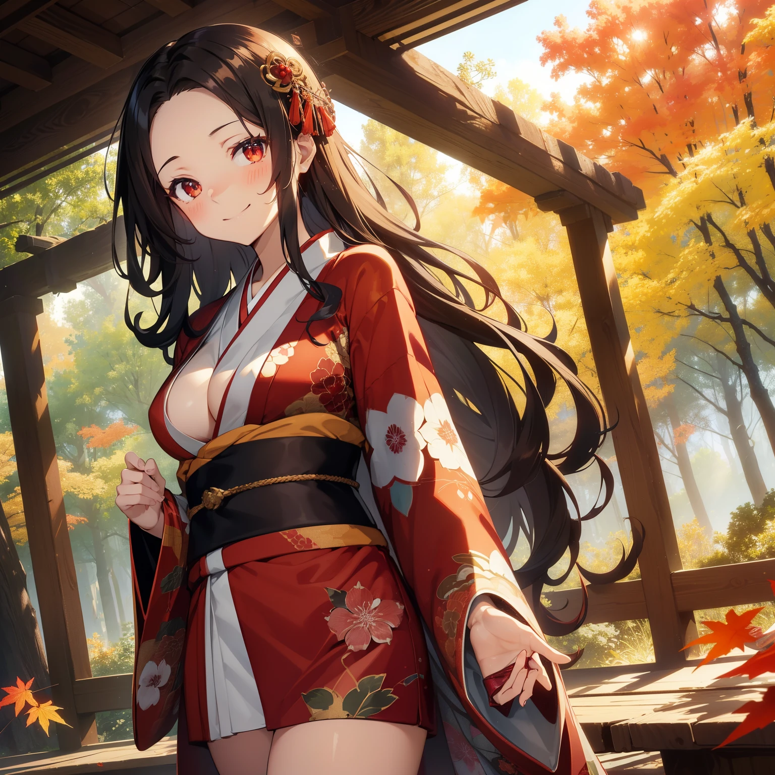 (masutepiece,Best Quality,8K),(extremely detailed CG1.1),teens girl,Smile,large boob,(From below:1.2),Intricate details , Hyper realistic, Perfect Anatomy,A dark-haired,Red Eyes,(((Forehead))),Permed hair with wavy hair,(((length hair))),Hair over one eye,hair slicked back,Full body,(((Red Kimono))),blush,Happy smile,Forest with deepening autumn leaves,Colored leaves,Lens Flare,Wind,Magnificent view,(chromatic abberation:1.3),Dynamic Angle,Cowboy Shot,Looking at Viewer,cafes