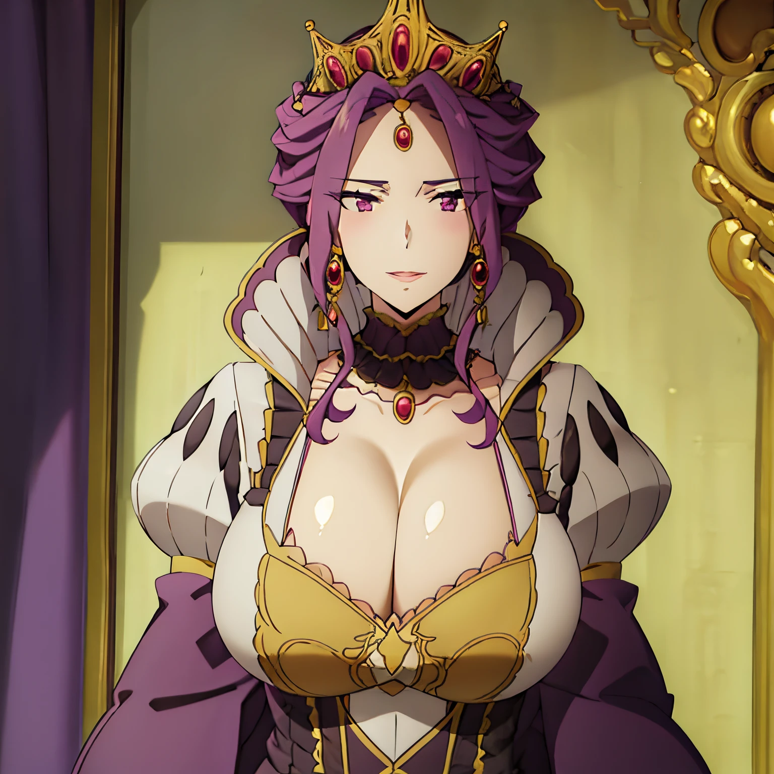 mirellia_q_melromarc, milf, 1girl, alone, standing, (huge breasts), dress, cleavage, (skindentation), juliet_sleeves, crown, collar,
purple_hair, purple_eyes, lips, jewelry, earrings
embarrassed, smile, castle,