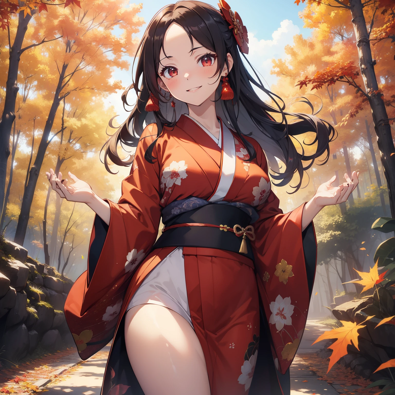 (masutepiece,Best Quality,8K),(extremely detailed CG1.1),s girl,Smile,large boob,(From below:1.2),Intricate details , Hyper realistic, Perfect Anatomy,A dark-haired,Red Eyes,(((Forehead))),Permed hair with wavy hair,(((length hair))),Hair over one eye,hair slicked back,Full body,(((kimono))),blush,Happy smile,Forest with deepening autumn leaves,Colored leaves,Lens Flare,Wind,Magnificent view,(chromatic abberation:1.3),Dynamic Angle,Cowboy Shot,Looking at Viewer,cafes