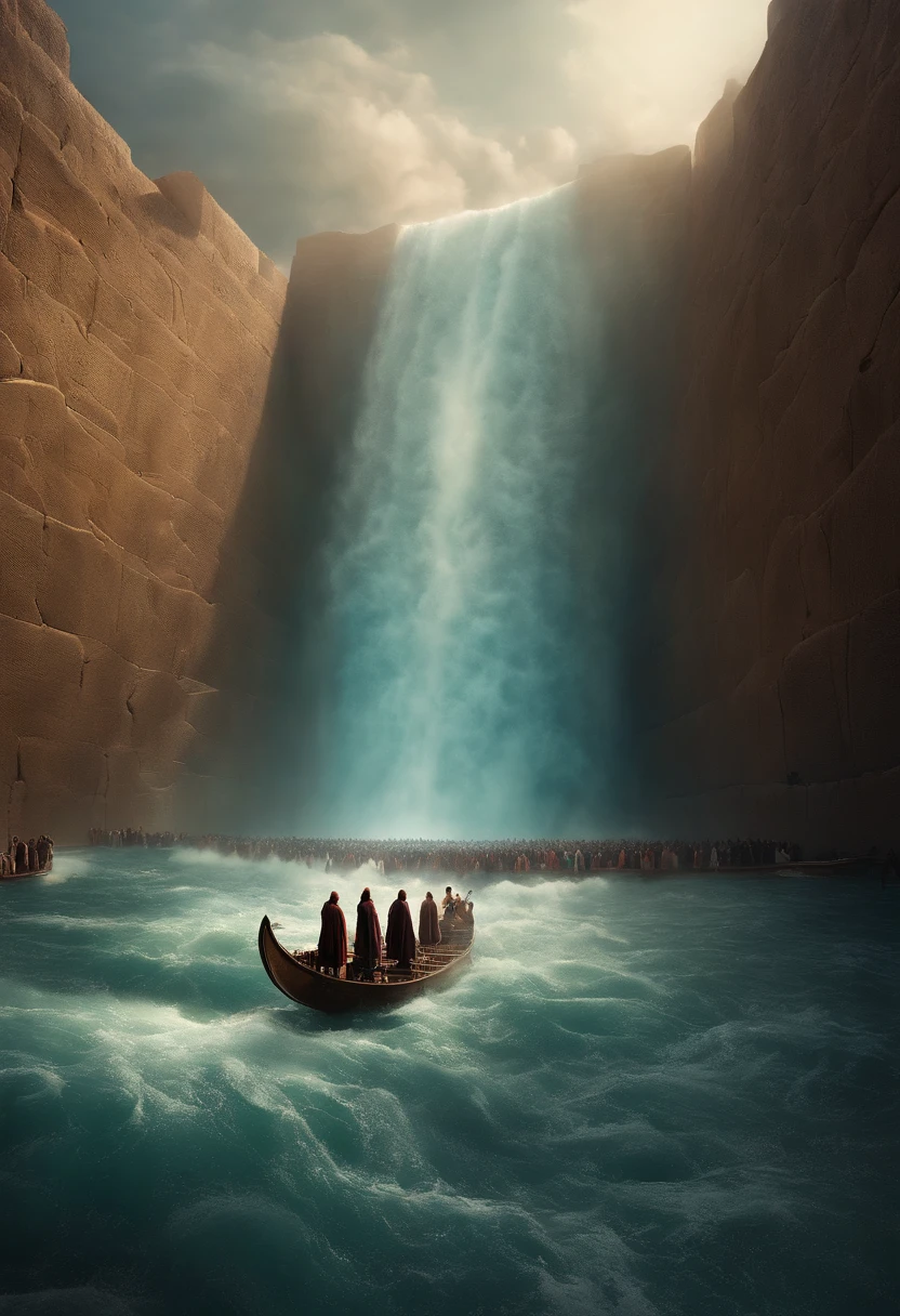 Moses&#39; Exodus and 600,000 people々There are huge walls of water on both sides.、A large crowd is passing through the water wall.