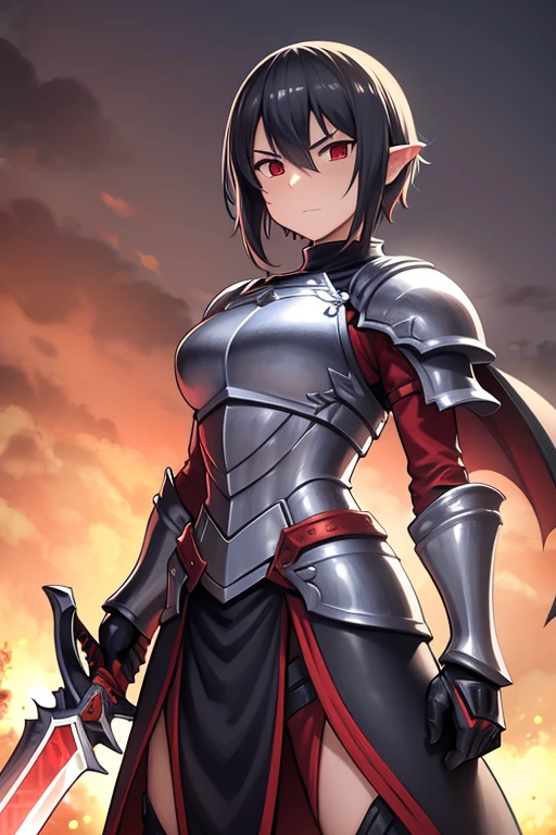 male, knight, demonic, black and red armor, large sword, shield