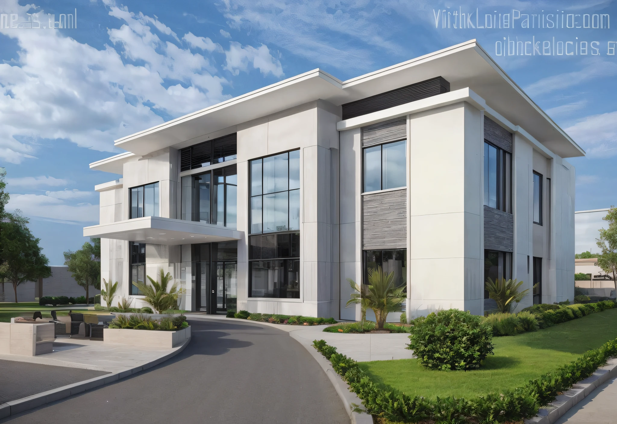 OFFICE BUILDING DESIGN WITH MODERN STYLE, LARGE BLACK GLASS DOORS