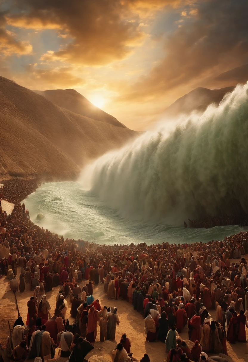 The Exodus of Moses、600,000 people々and huge walls of water on both sides.、A large crowd passes between walls of water