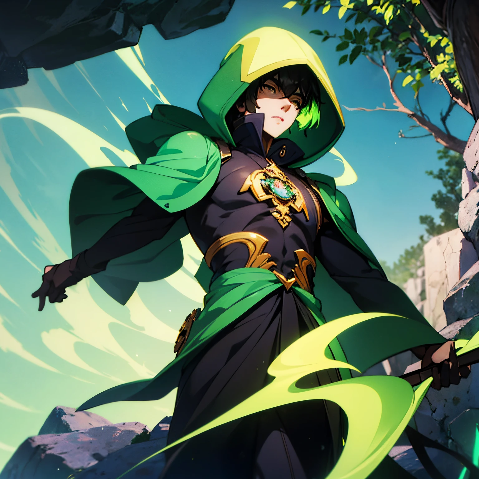 Human man in green hood, with mysterious and dark face, eyes with radiant green lights, luminous scenery in the background