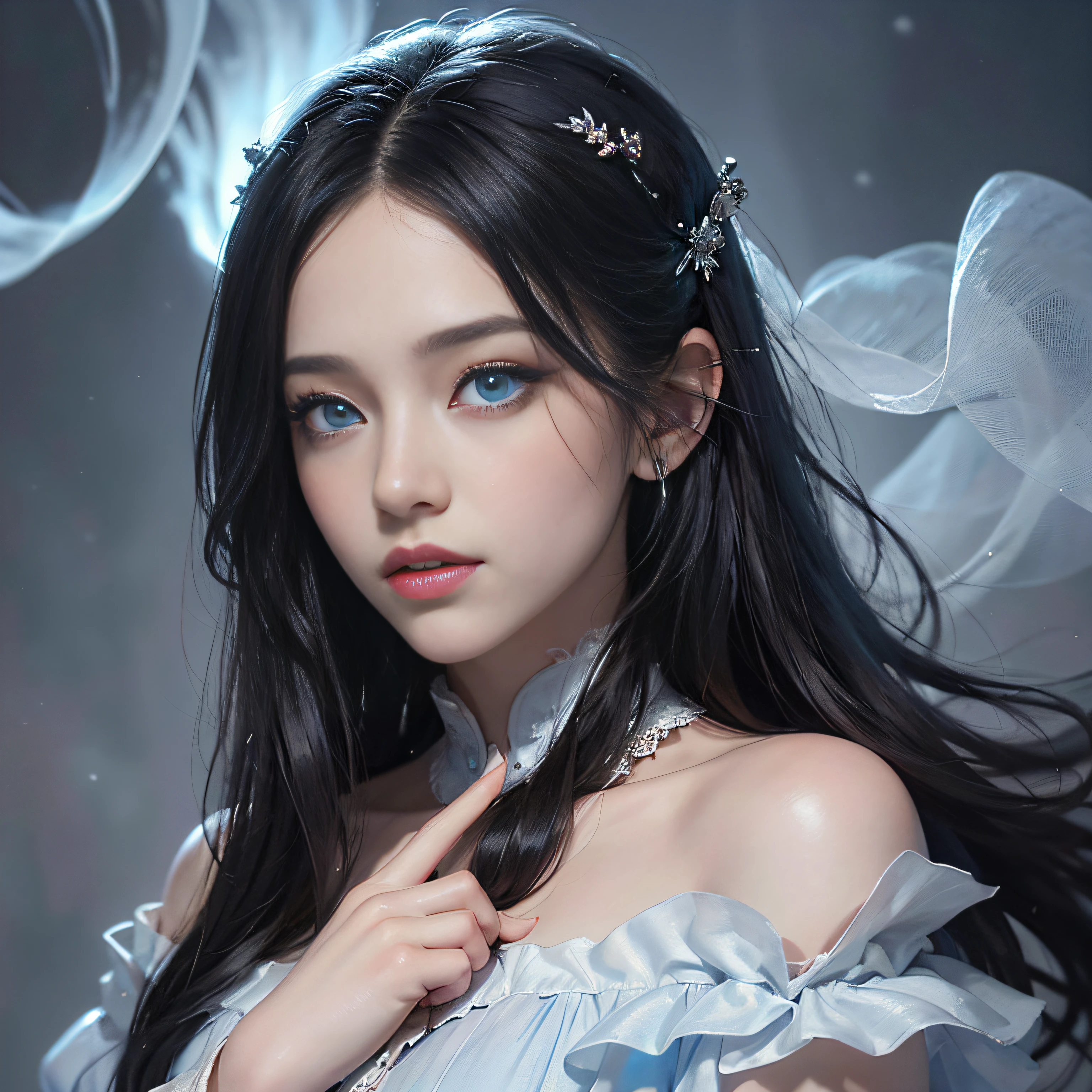 (number々Award-winning masterpieces of, with incredible detail, textures and maximum detail), (Hyper realistic:1.4), (Realistic:1.3), (Full body image:1.7), (Upper Body Up:0.3), (Transparent, Strangely white skin and realistic texture of the highest quality), (five perfect and beautiful fingers:1.8), (Yuki-onna from Japanese folk tales: 1.6), (smile with blood red lips: 1.7), (fine perfectly symmetrical eyes), (Dense and breathtakingly beautiful face: 1.6), (Image of an aesthetic and decadent atmosphere: 1.6), (fair but beautiful skin and face,,,,,,,: 1.6), (Beautiful long black hair fluttering in the wind:1.4), (Wearing decadent and delicately crafted accessories: 1.8), (Bioluminescent bright blue eyes: 1.7), (Fallen Beauty: 1.6), (Blue eyes that emit a strong blue light from within:1.7), (The calm white old clothes that cover his entire body are badly damaged......, however、Elegant and delicate: 1.8), (Less skin exposure:1.5), (Strong moonlight shining in from overhead: 1.7), ((dramatic photography)), ((Cinematic Light)), (full-length portrait:1.7), (looks up), (Looking down), (dramatic pose), (Smoke effect and bewitching light:1.4), Beautiful white hair, Beautiful silver hair, Beautiful blonde hair, Wind-effect, Swirling snow, blizzard, Winter storms, wind and rain, (Purple smoke in the air: 1.3), (Snowstorm Ice Field, Quiet snowfield on a moonlit night, Midnight Snow Town), (a dark night, Full Moon Night, New Moon Night), Epic Realistic, Faded, ((Neutral colors)), Art Book, (nffsw:1.5), (Muted colors:1.2), Hyper Detailed, (Art Station:1.5), Cinematic, Warm lights, light effect, Dramatic light, (Intricate details:1.1), Complex background, (Greg Rutkowski:0.8), (teal and orange:0.4),(Translucent off-shoulder silk dress)、((erection))