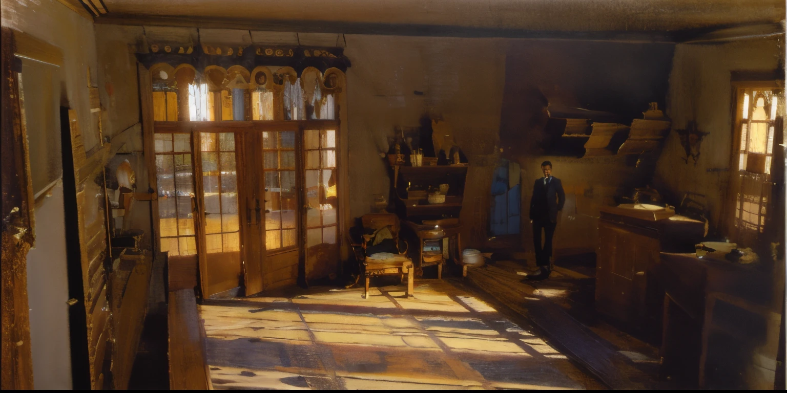 there is a drawing of a man standing in a room, volumetric shadows and lighting, volumetric lighting and shadows, an ambient occlusion render, detailed with shadows, lights and shadows, light and shadow, lighting & shadows, noon lighting, victorian home, wood floors, screen door, oil painting, classical painting,