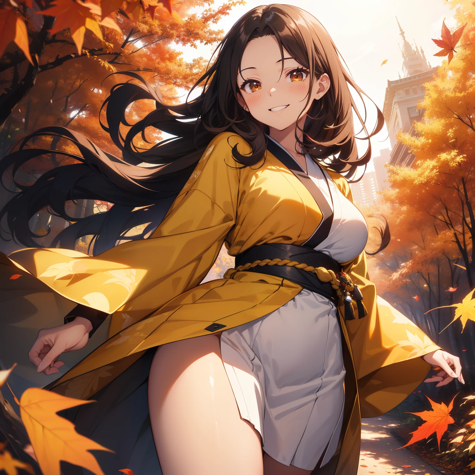 (masutepiece,Best Quality,8K),(extremely detailed CG1.1),s girl,Smile,large boob,(From below:1.2),Intricate details , Hyper realistic, Perfect Anatomy,A dark-haired,Red Eyes,(((Forehead))),Permed hair with wavy hair,(((length hair))),Hair over one eye,hair slicked back,Full body,(((yellow kimono))),blush,Happy smile,Forest with deepening autumn leaves,Colored leaves,Lens Flare,Wind,Magnificent view,(chromatic abberation:1.3),Dynamic Angle,Cowboy Shot,Looking at Viewer,cafes