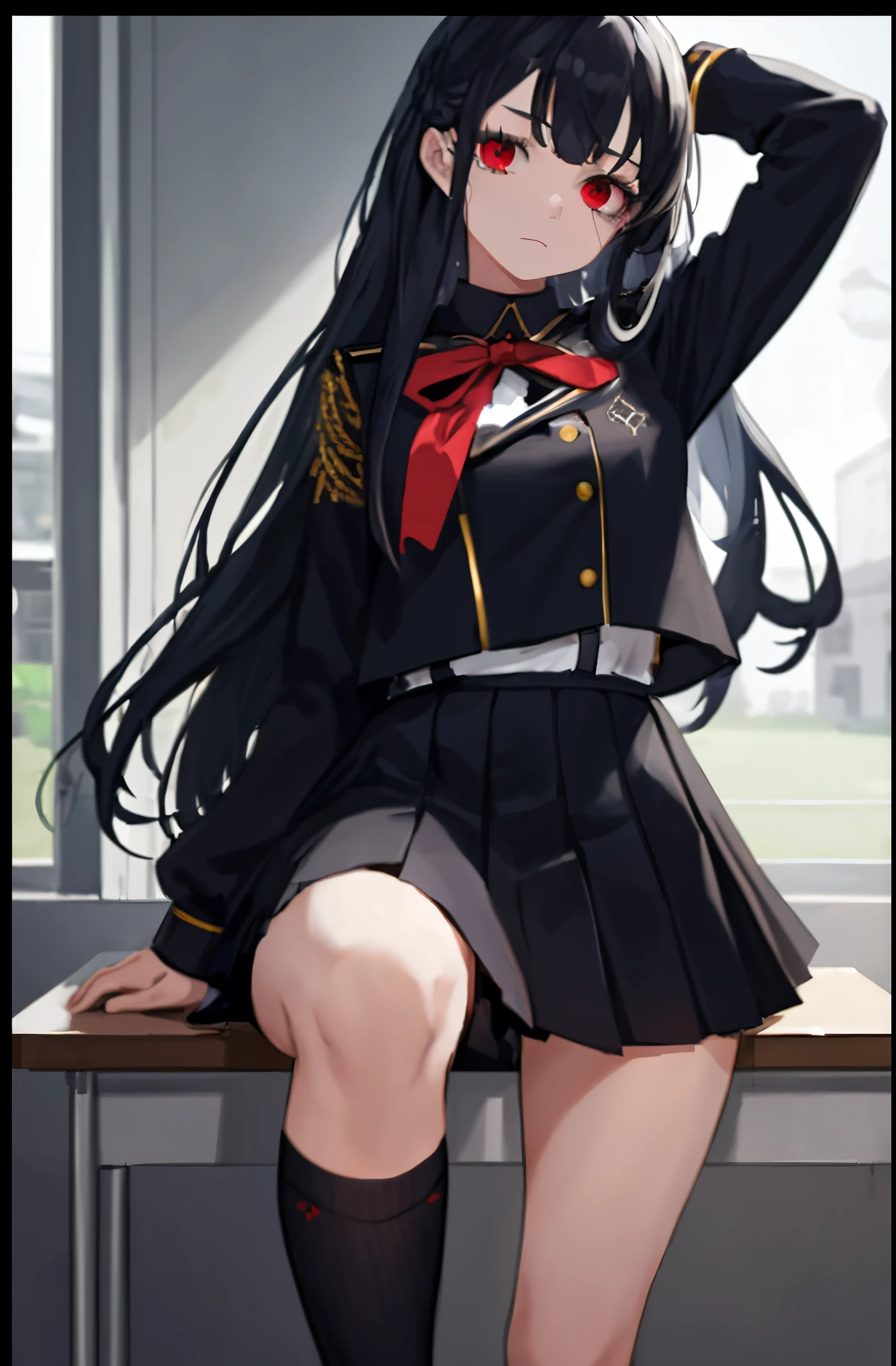 1girl, long navy hair, one red eye, one black eye, black academy uniform, classroom, standing on ground, high res, ultra sharp, 8K, masterpiece