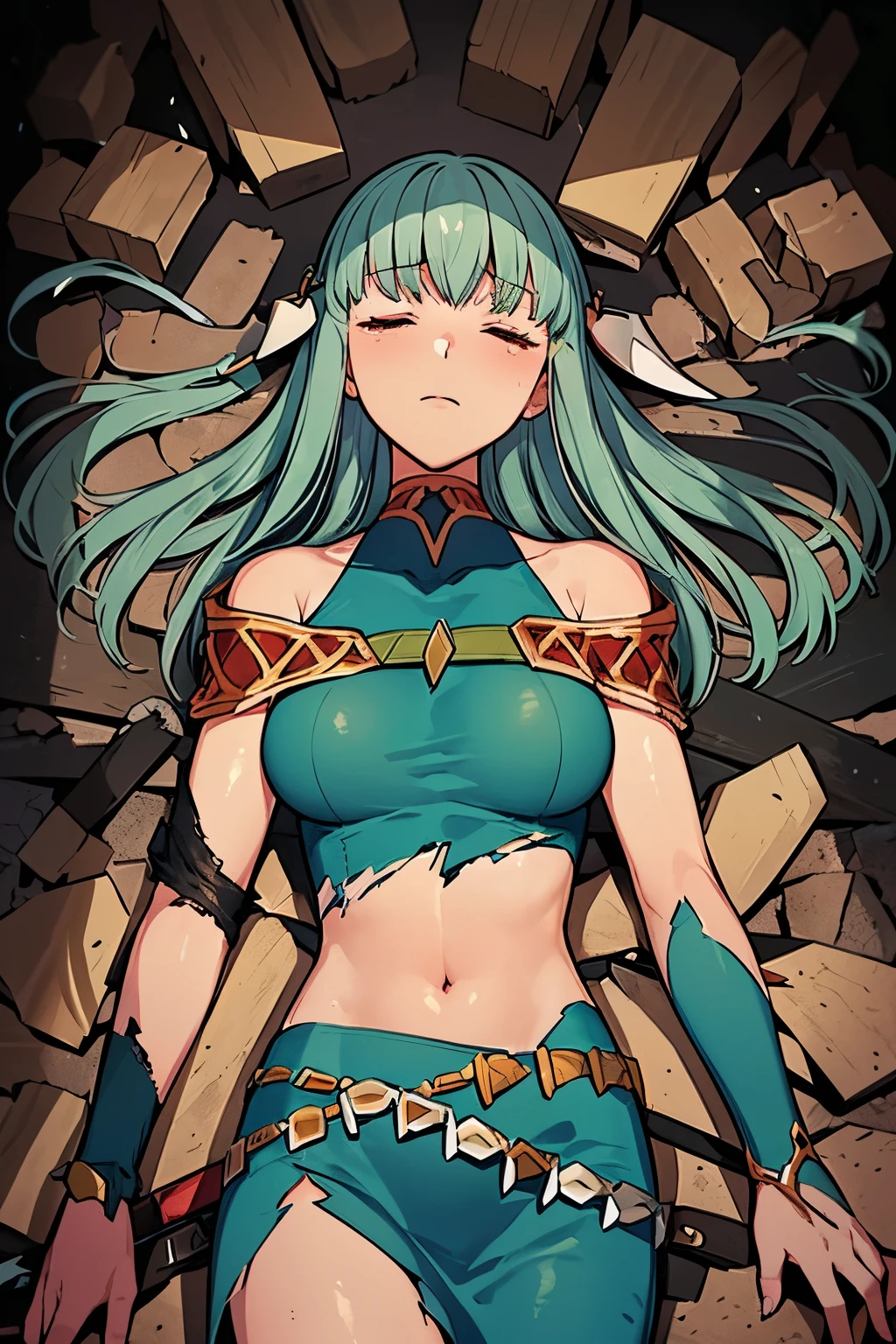 Ninian is lovingly languid in a crater after losing a tough battle, lieing lifeless and inert on debris, rubble, and weapons with torn pieces of fabric out of her dress. Her blue dress was torn completely in the midriff section, arm pieces and jewelry trashed, and Ninian was thrashed, which caused many nicks and tears in what remains of the dress. She cannot move from her prone position lieing on her back, unable to open her eyes or breath. (Ninian), (blue hair, blue eyes, large shapely breast, long hair, clammy and damp face), (Dress), (long blue drenched dress, bare shoulders, more small jewlery, ripped and torn dress, midriff section has been torn anfd burned off, languid in a dark grey murky field, anguished facial expression, closed eyes) (anguished closed eyes:1), (Ninian languid, prone on her back, defeated in rubble and weapons and metal shards on top of her:1.5), Ninian is listless and motionless in a dark grey foggy field:1.0, Ninian is sullied and dirty:1.2, ( Ninian lieing in debris and broken metal pieces:1.0), inside has rubble and many pieces of broken spears, blades, and shields covering Ninian, (4K quality, high quality, 4k quality Ninian and dress:1.0), (solo, one person, 1girl:1.5), ninian fe, red eyes, long dress, jewelry, dancer