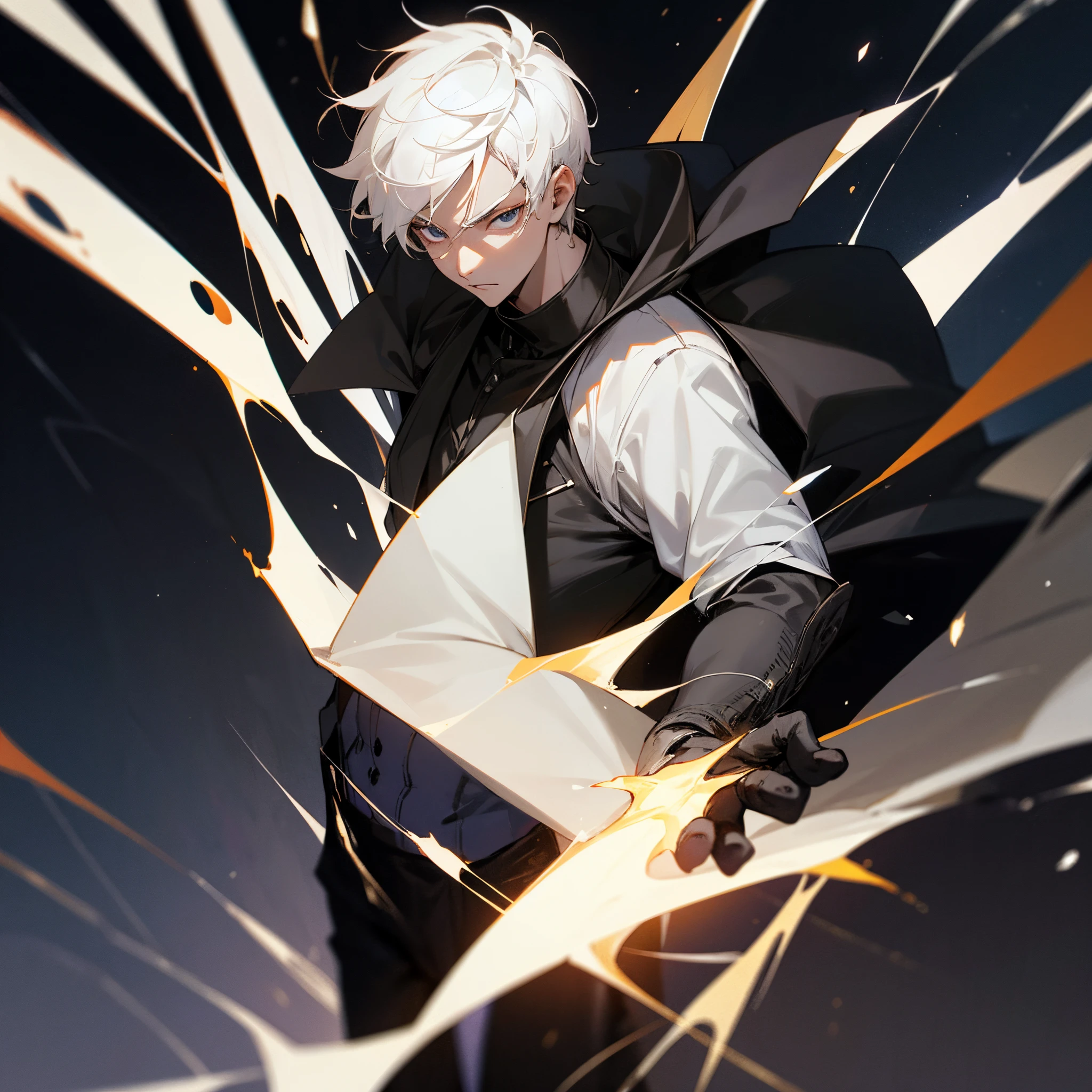 White hair, short hair, black eyes, dark eyes, teenager, glowing eyes, handsome male, 17 years old, teenager, all black suit, majestic cape, dark hallway background, white energies, 1 person