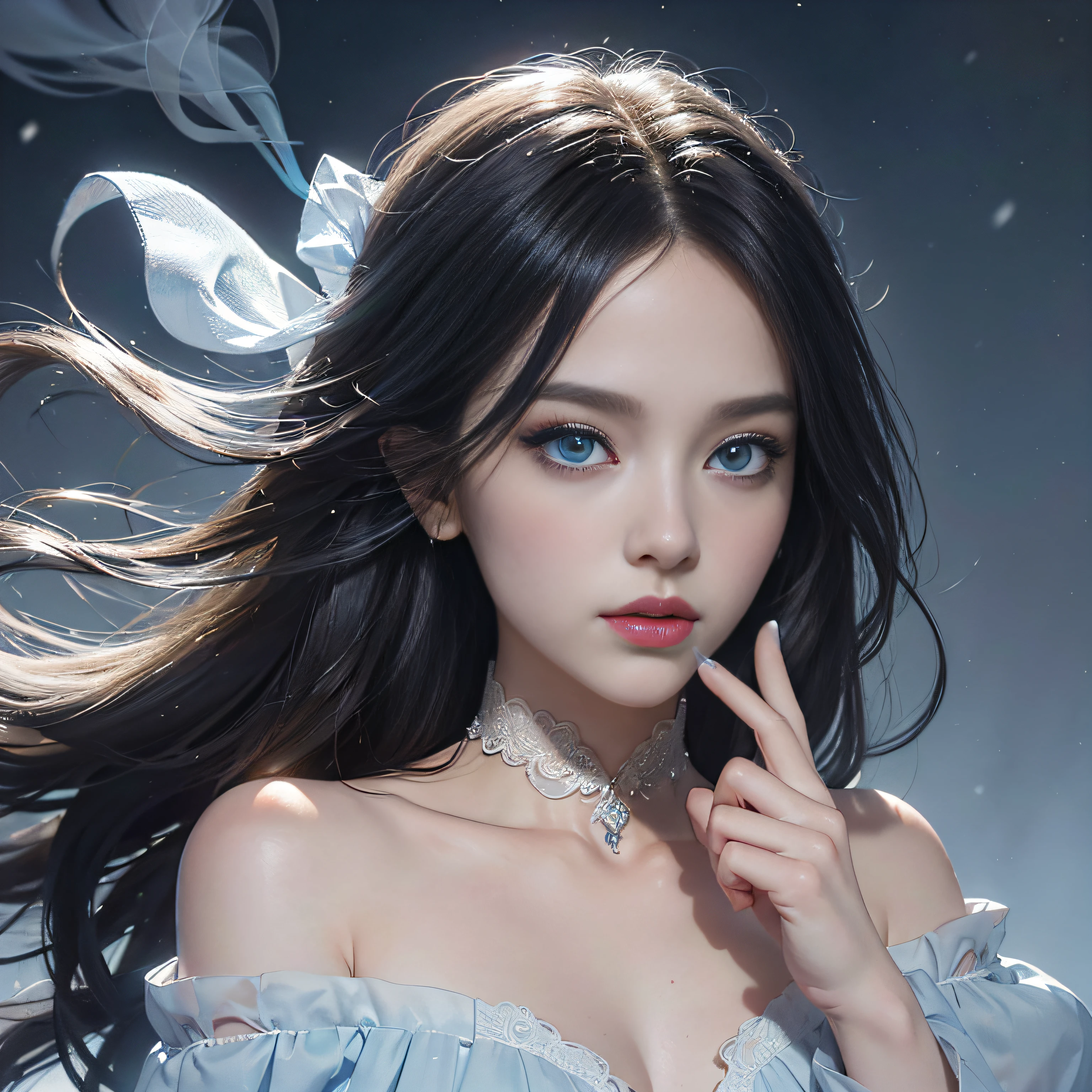 (number々Award-winning masterpieces of, with incredible detail, textures and maximum detail), (Hyper realistic:1.4), (Realistic:1.3), (Full body image:1.7), (Upper Body Up:0.3), (Transparent, Strangely white skin and realistic texture of the highest quality), (five perfect and beautiful fingers:1.8), (Yuki-onna from Japanese folk tales: 1.6), (smile with blood red lips: 1.7), (fine perfectly symmetrical eyes), (Dense and breathtakingly beautiful face: 1.6), (Image of an aesthetic and decadent atmosphere: 1.6), (fair but beautiful skin and face,,,,,: 1.6), (Beautiful long black hair fluttering in the wind:1.4), (Wearing decadent and delicately crafted accessories: 1.8), (Bioluminescent bright blue eyes: 1.7), (Fallen Beauty: 1.6), (Blue eyes that emit a strong blue light from within:1.7), (The calm white old clothes that cover his entire body are badly damaged...., however、Elegant and delicate: 1.8), (Less skin exposure:1.5), (Strong moonlight shining in from overhead: 1.7), ((dramatic photography)), ((Cinematic Light)), (full-length portrait:1.7), (looks up), (Looking down), (dramatic pose), (Smoke effect and bewitching light:1.4), Beautiful white hair, Beautiful silver hair, Beautiful blonde hair, Wind-effect, Swirling snow, blizzard, Winter storms, wind and rain, (Purple smoke in the air: 1.3), (Snowstorm Ice Field, Quiet snowfield on a moonlit night, Midnight Snow Town), (a dark night, Full Moon Night, New Moon Night), Epic Realistic, Faded, ((Neutral colors)), Art Book, (nffsw:1.5), (Muted colors:1.2), Hyper Detailed, (Art Station:1.5), Cinematic, Warm lights, light effect, Dramatic light, (Intricate details:1.1), Complex background, (Greg Rutkowski:0.8), (teal and orange:0.4),(translucent off shoulder dress mini)、