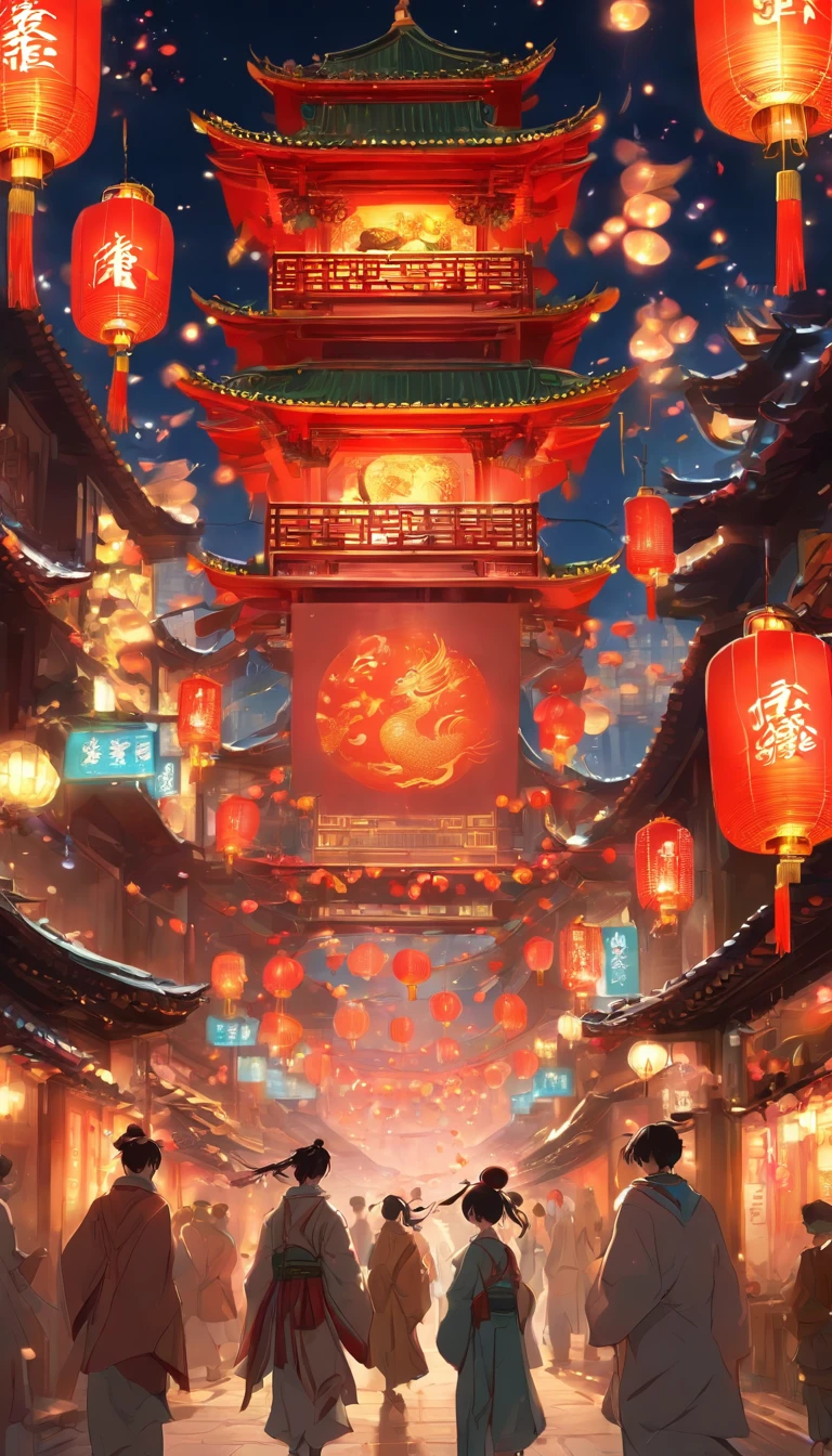 "Celebrate the New Year in a traditional Chinese city, Light up the night sky, A majestic Chinese-style building in the center, Decoration in complex environments, Brilliant Chinese lanterns hang, Twinkling fireworks,There are people on both sides